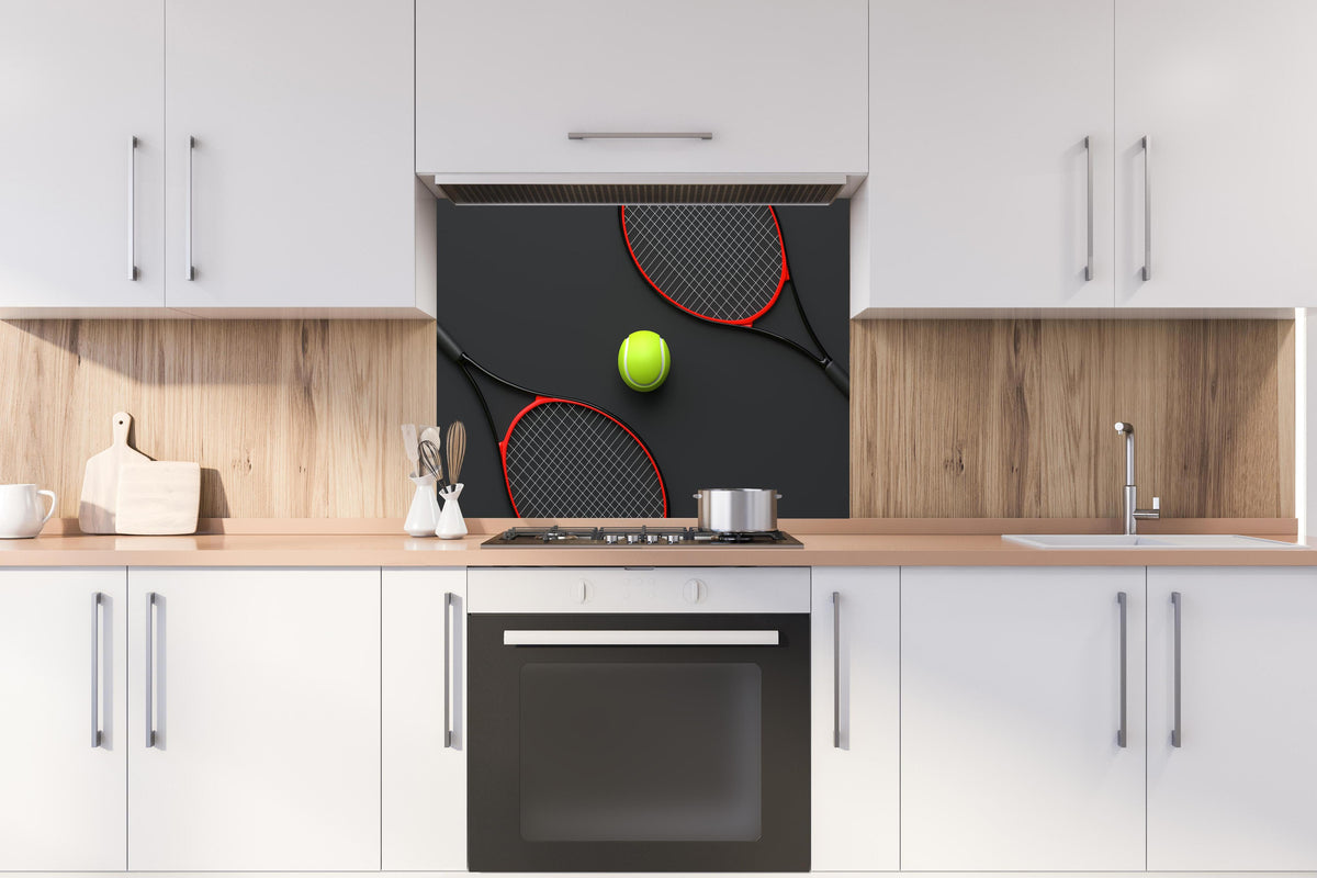 Spritzschutz - Tennis - 3D Render hinter einem Cerankochfeld zwischen Holz-Kochutensilien
