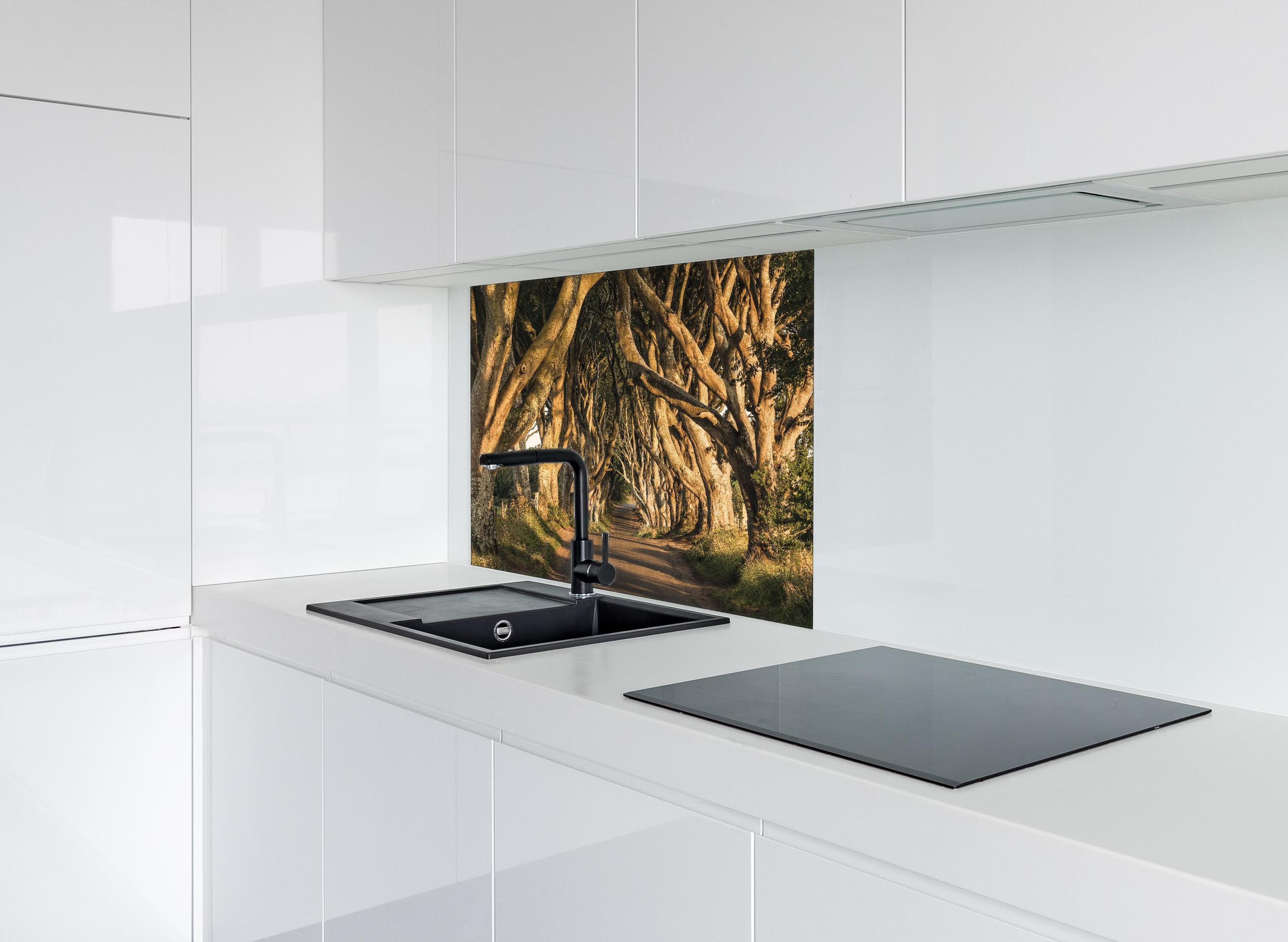 Spritzschutz - The Avenue hinter einem Cerankochfeld zwischen Holz-Kochutensilien
