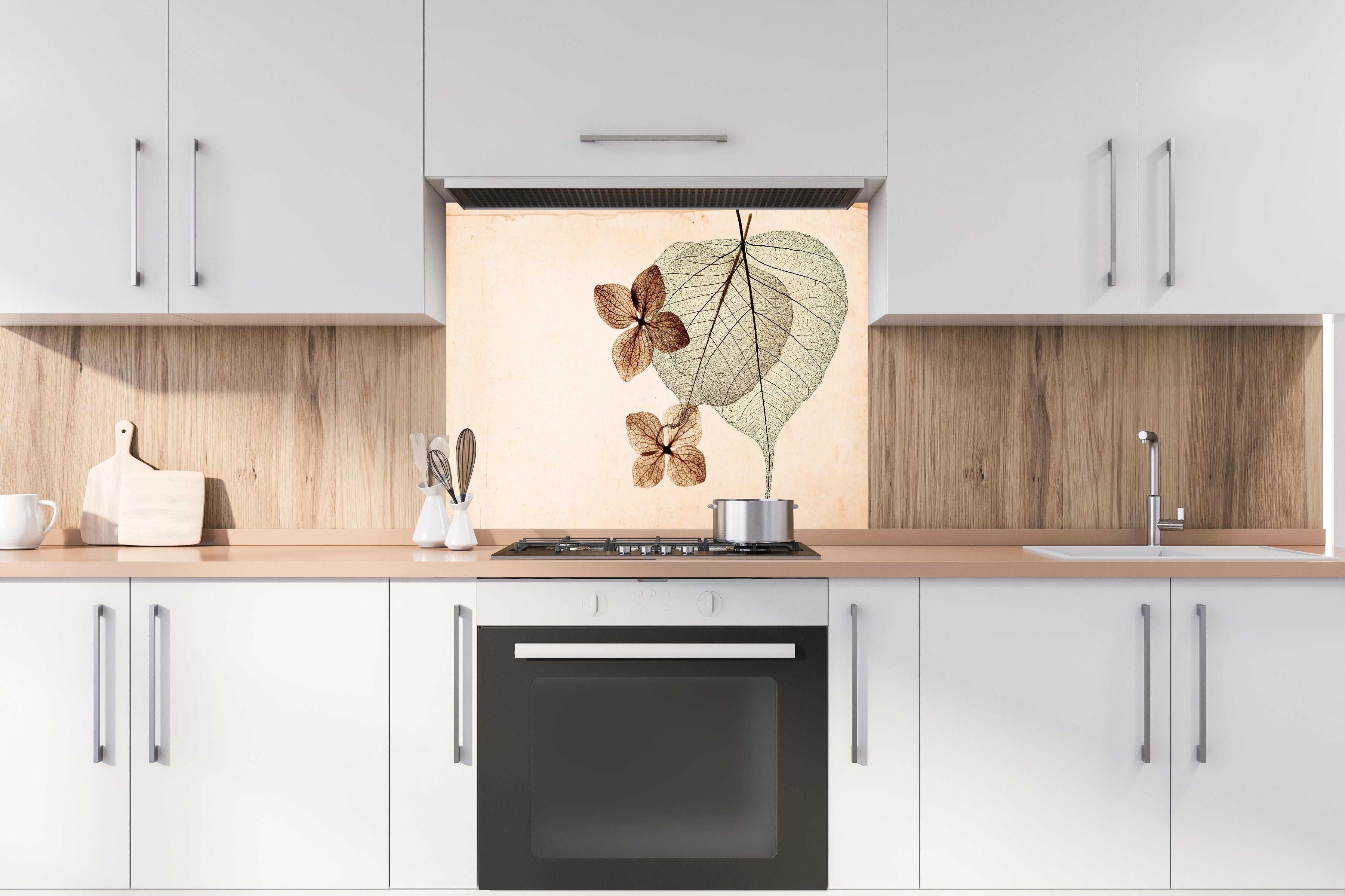 Spritzschutz - Transparentes Blatt mit sichtbaren Adern hinter einem Cerankochfeld zwischen Holz-Kochutensilien
