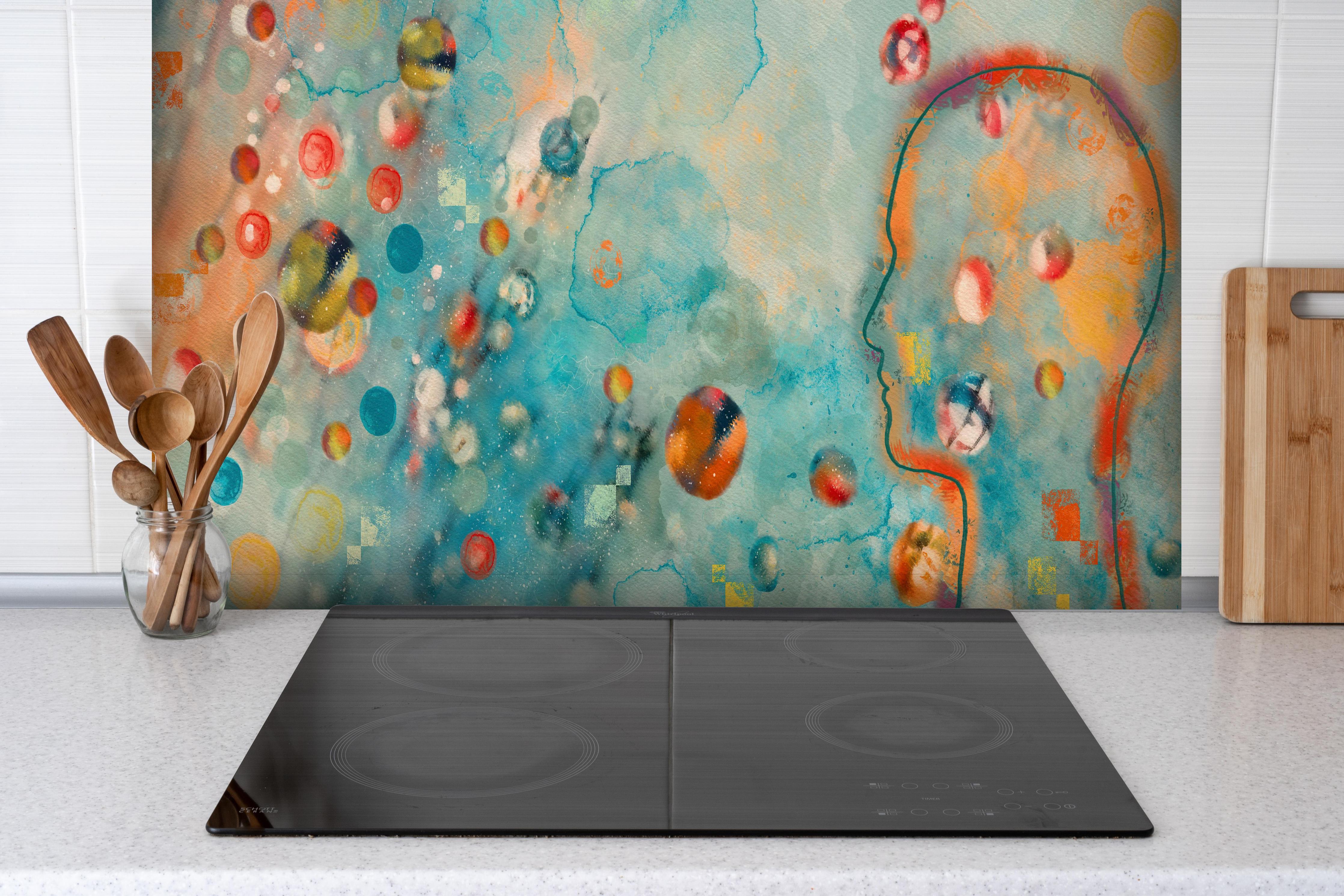 Spritzschutz - Traumhaftes Aquarell Kunstkonzept Design hinter einem Cerankochfeld zwischen Holz-Kochutensilien
