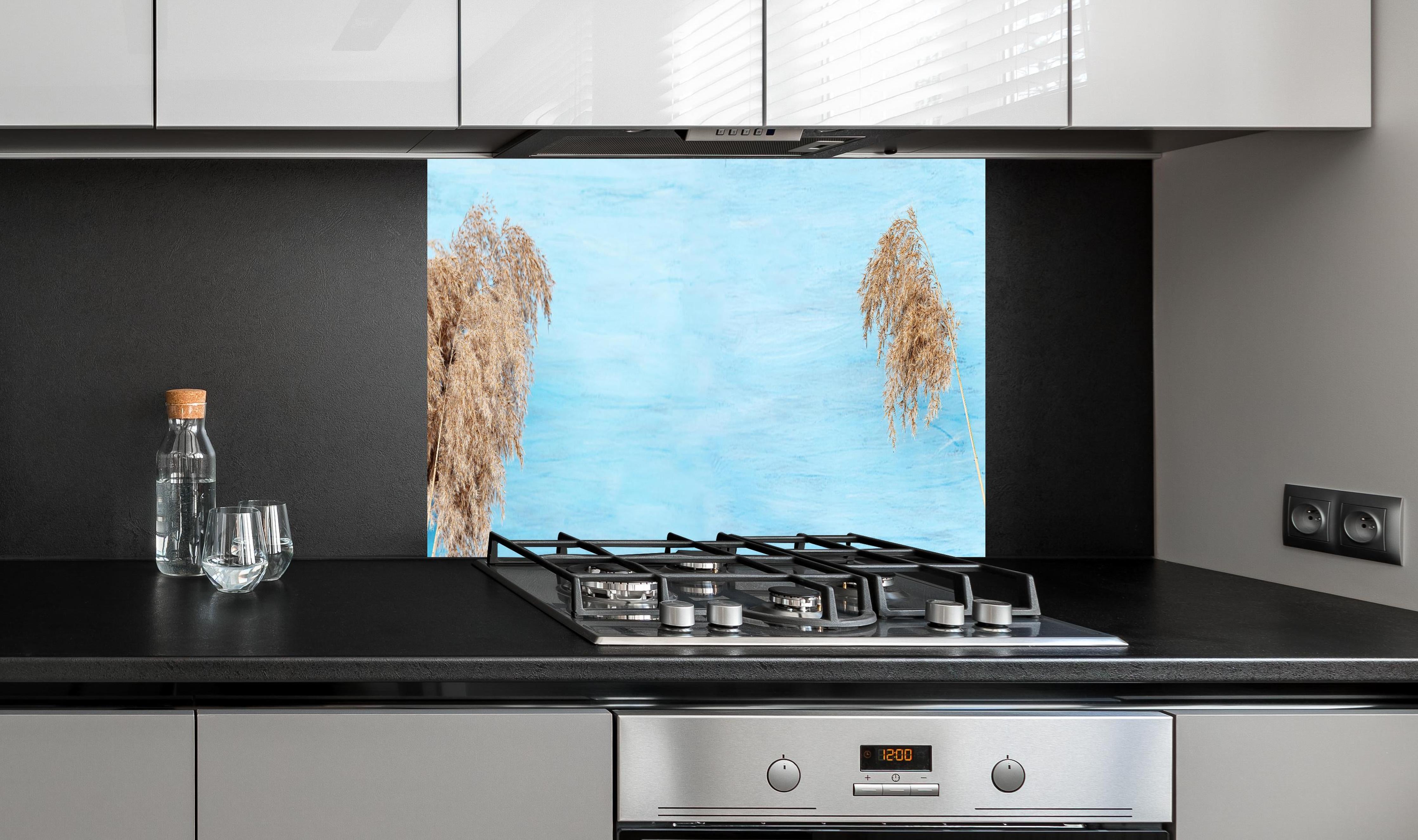 Spritzschutz - Trockene Pflanzen über dem Meer hinter einem Cerankochfeld zwischen Holz-Kochutensilien
