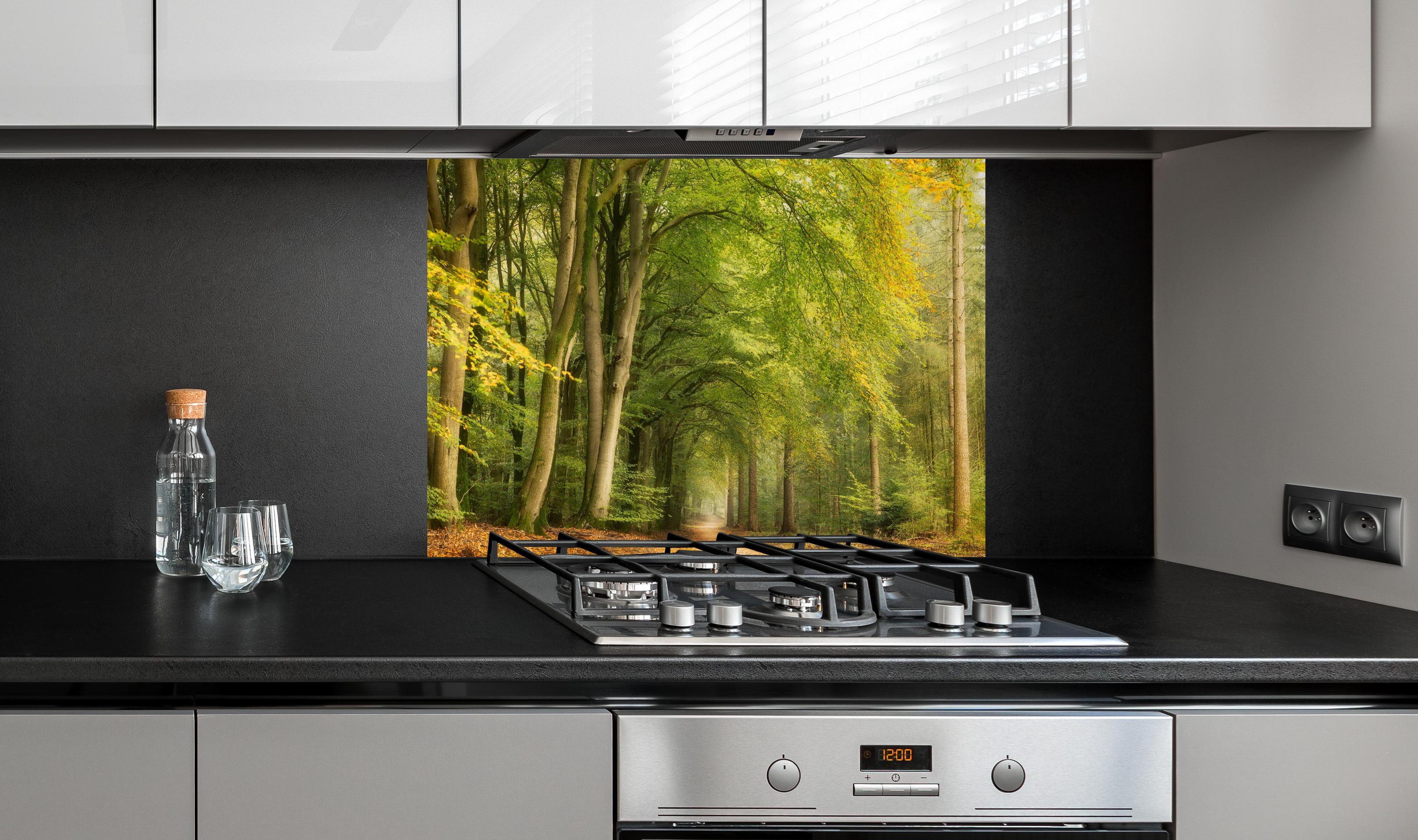 Spritzschutz - Tunnel Vision hinter einem Cerankochfeld zwischen Holz-Kochutensilien
