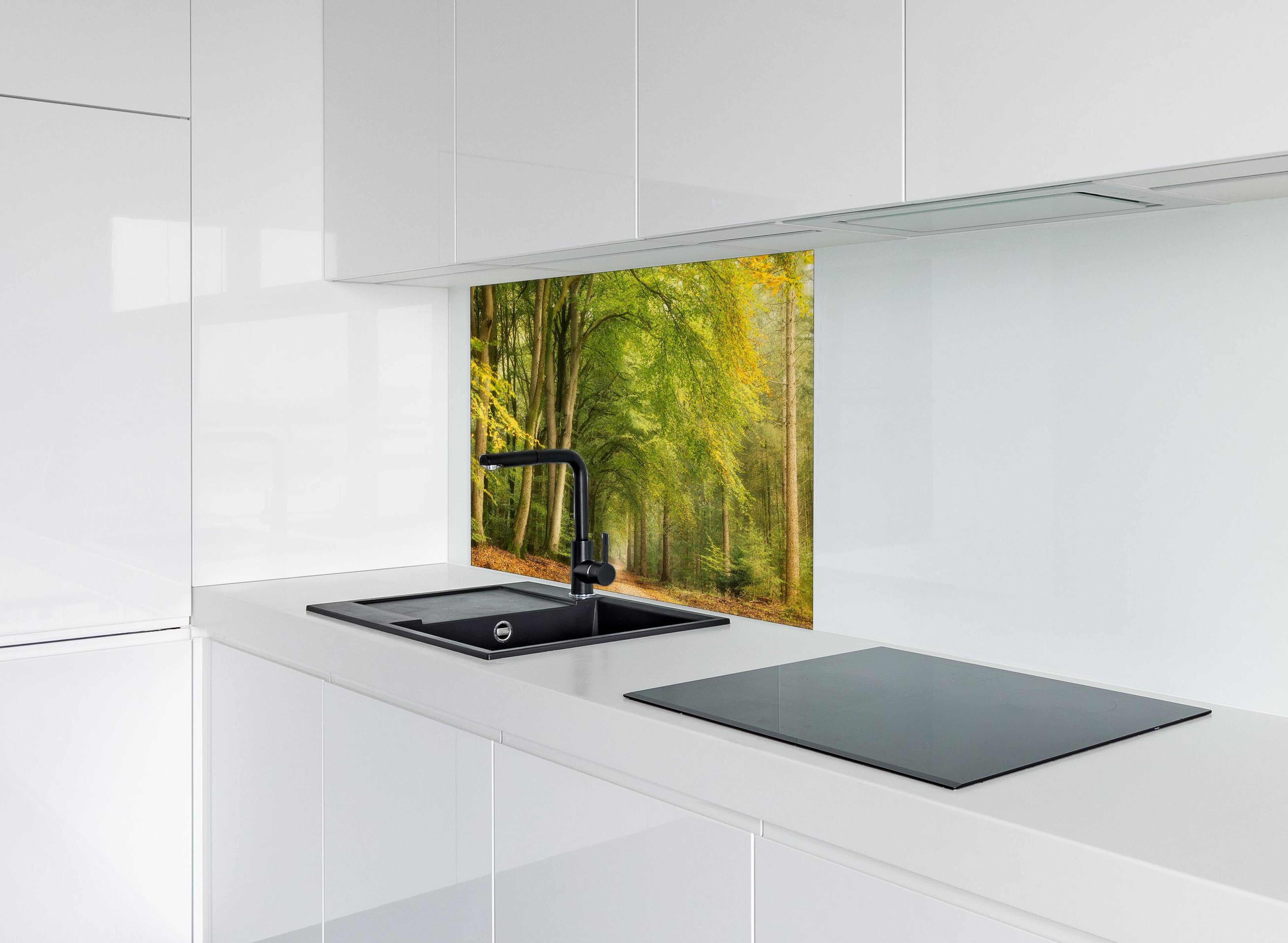 Spritzschutz - Tunnel Vision hinter einem Cerankochfeld zwischen Holz-Kochutensilien
