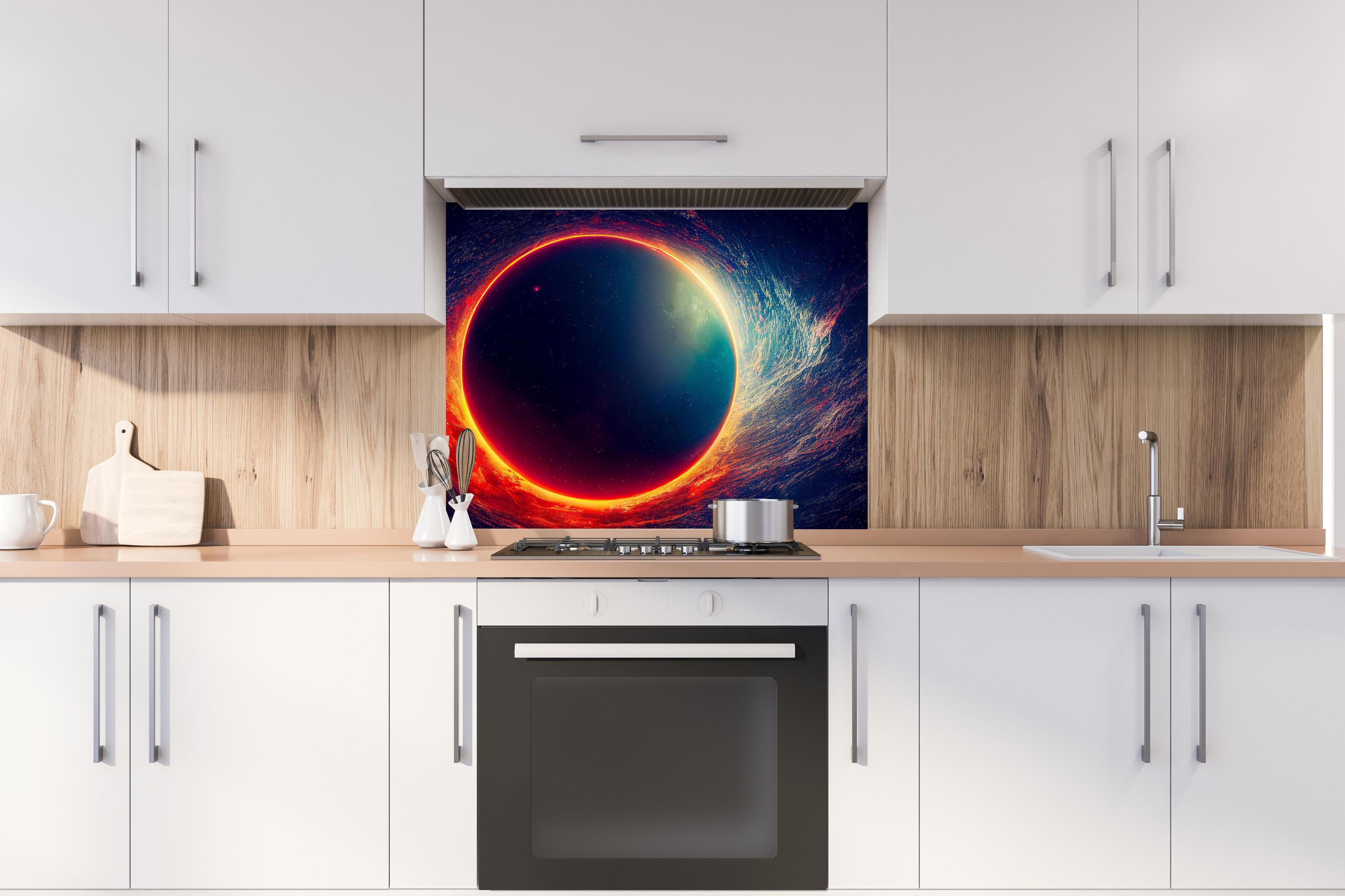 Spritzschutz - Universumsszene mit Planeten hinter einem Cerankochfeld zwischen Holz-Kochutensilien
