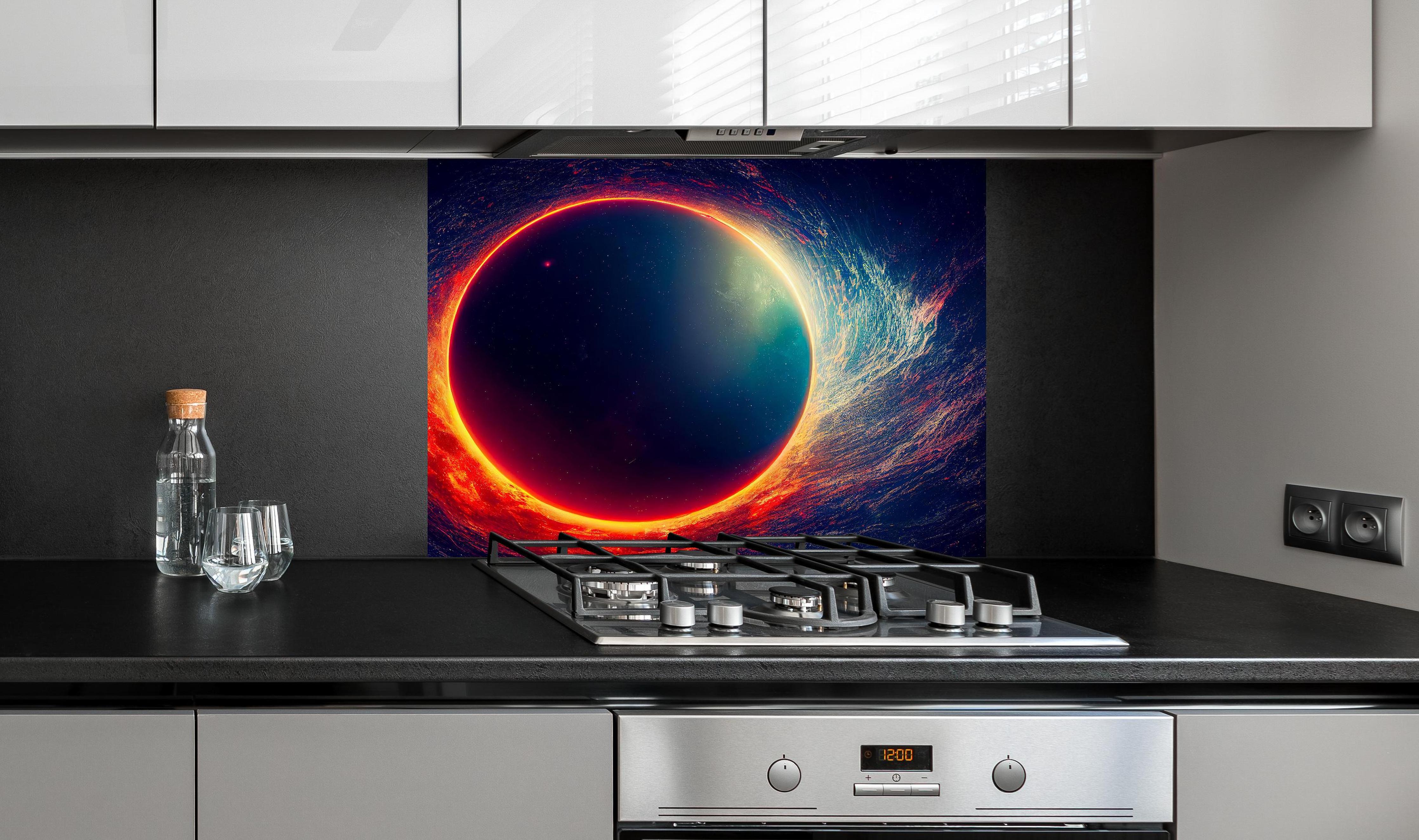 Spritzschutz - Universumsszene mit Planeten hinter einem Cerankochfeld zwischen Holz-Kochutensilien
