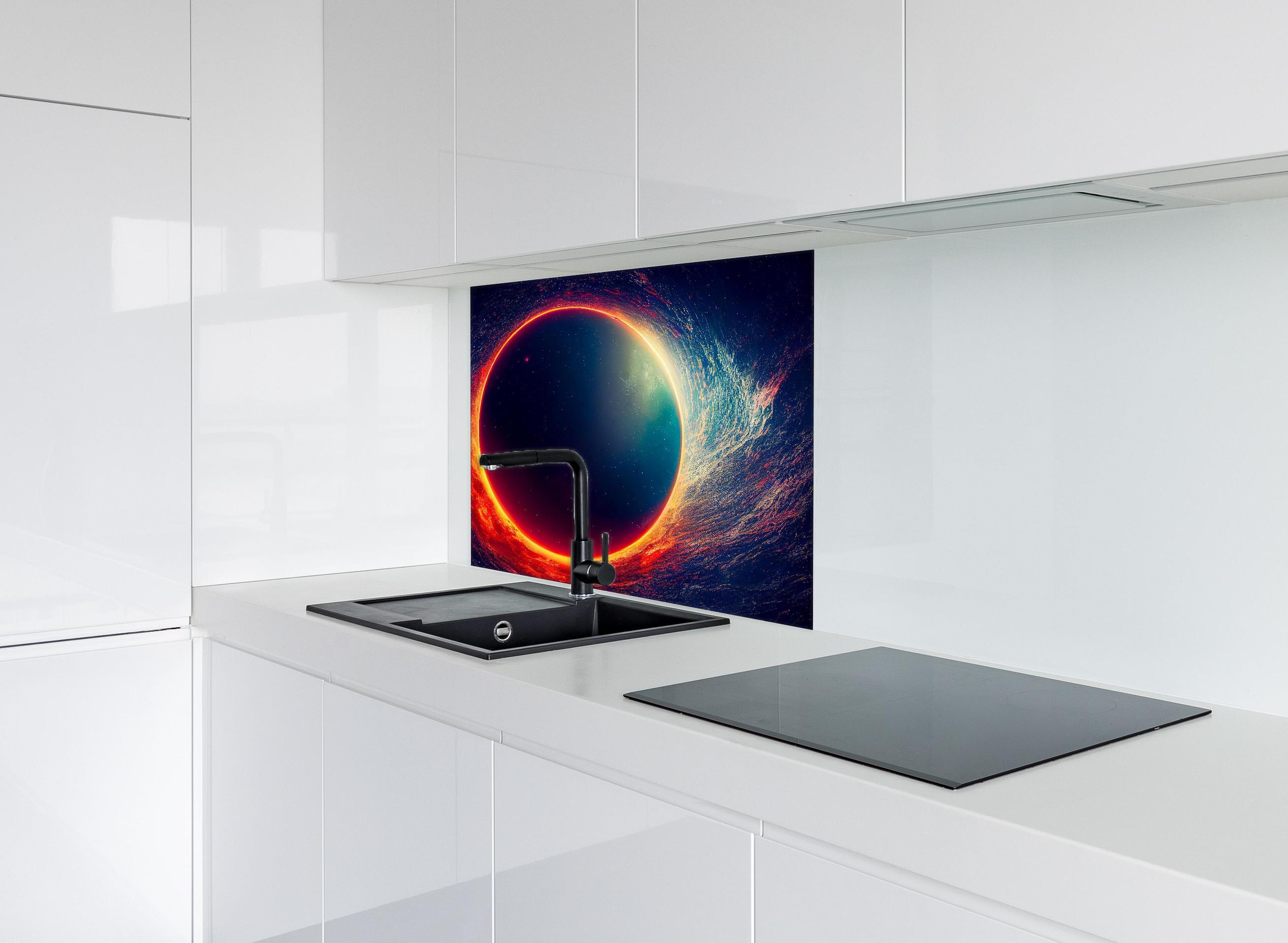 Spritzschutz - Universumsszene mit Planeten hinter einem Cerankochfeld zwischen Holz-Kochutensilien
