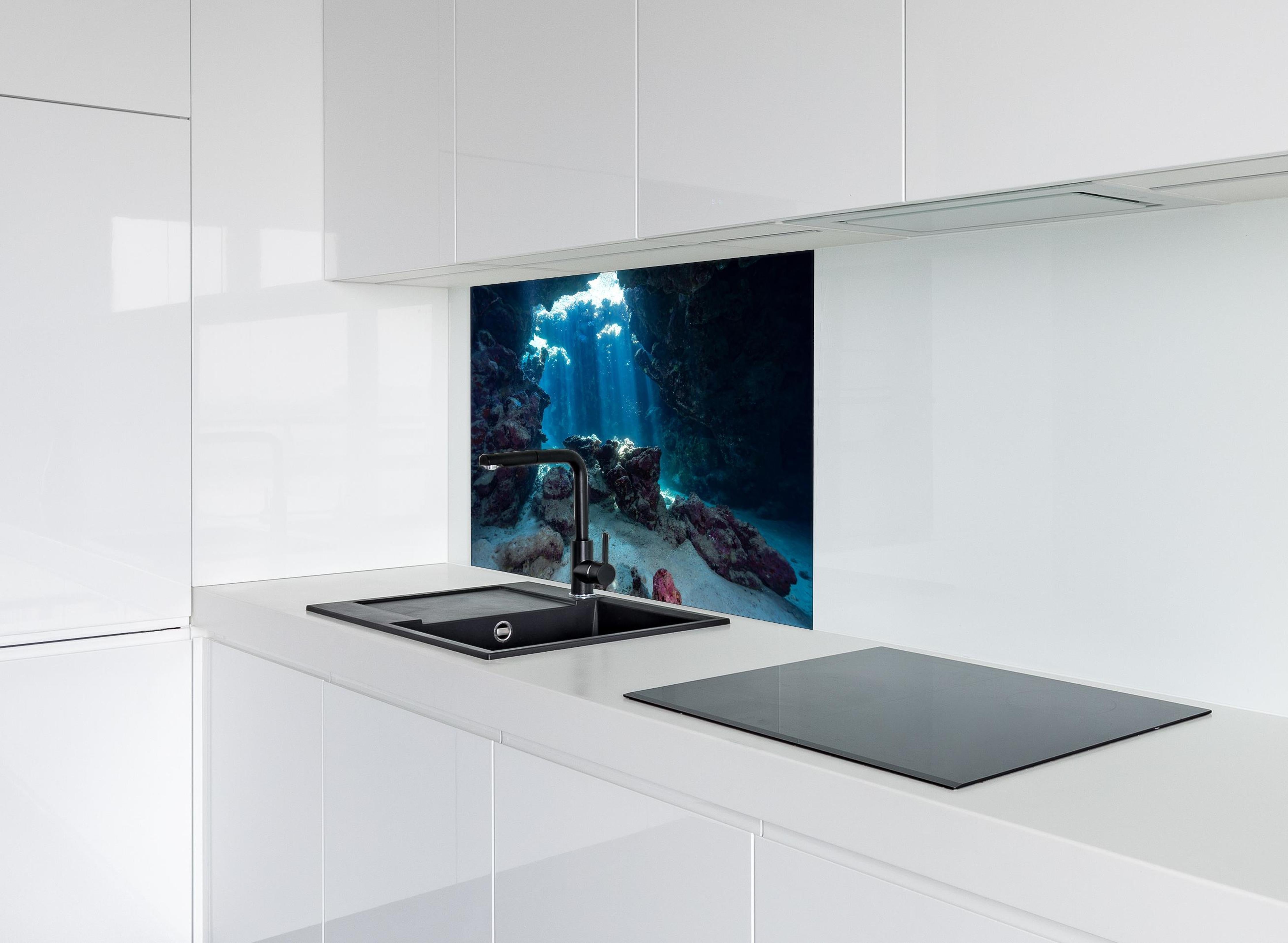 Spritzschutz - Unterwasseransicht eines Riffs hinter einem Cerankochfeld zwischen Holz-Kochutensilien
