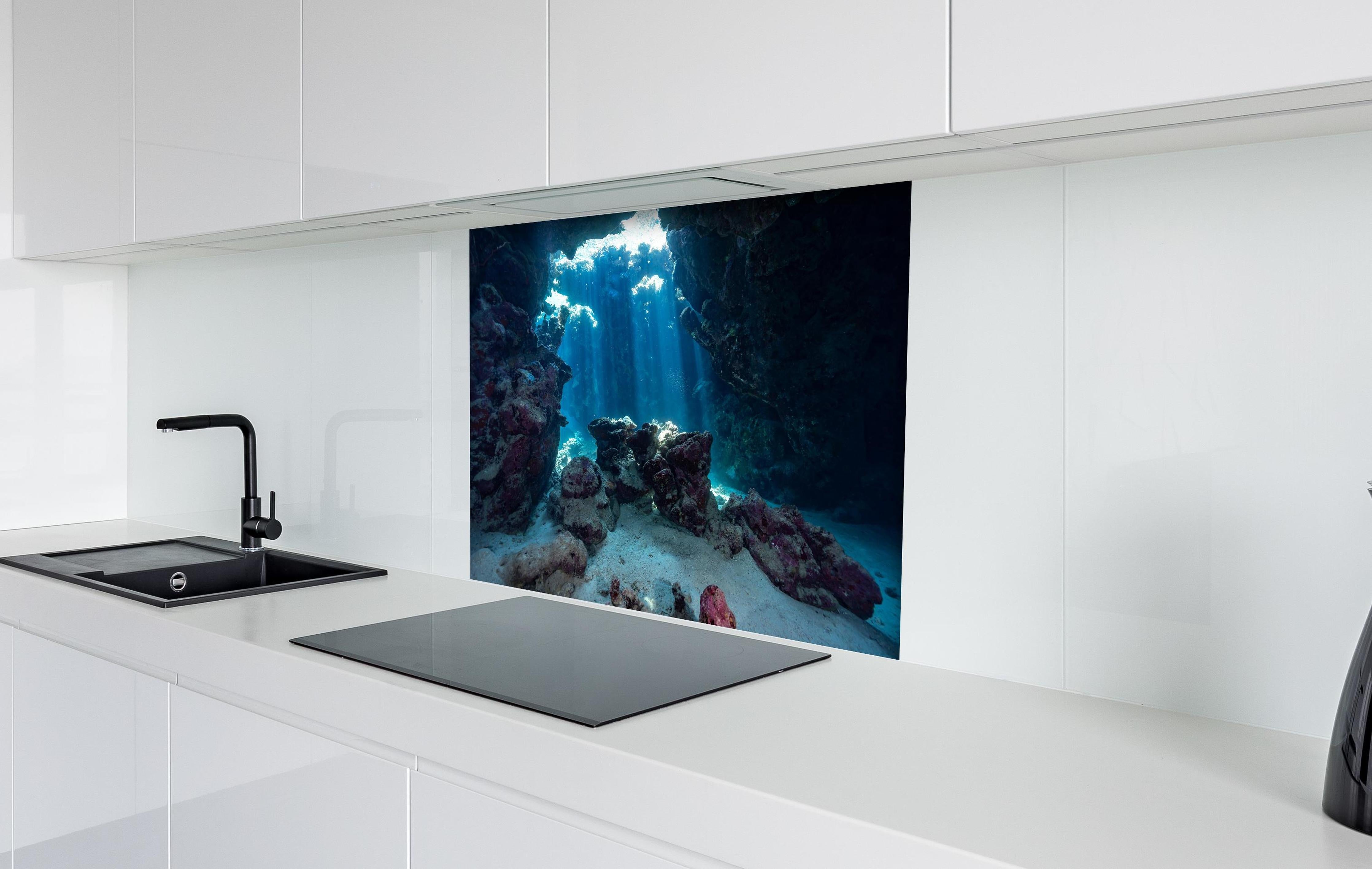 Spritzschutz - Unterwasseransicht eines Riffs hinter einem Cerankochfeld zwischen Holz-Kochutensilien
