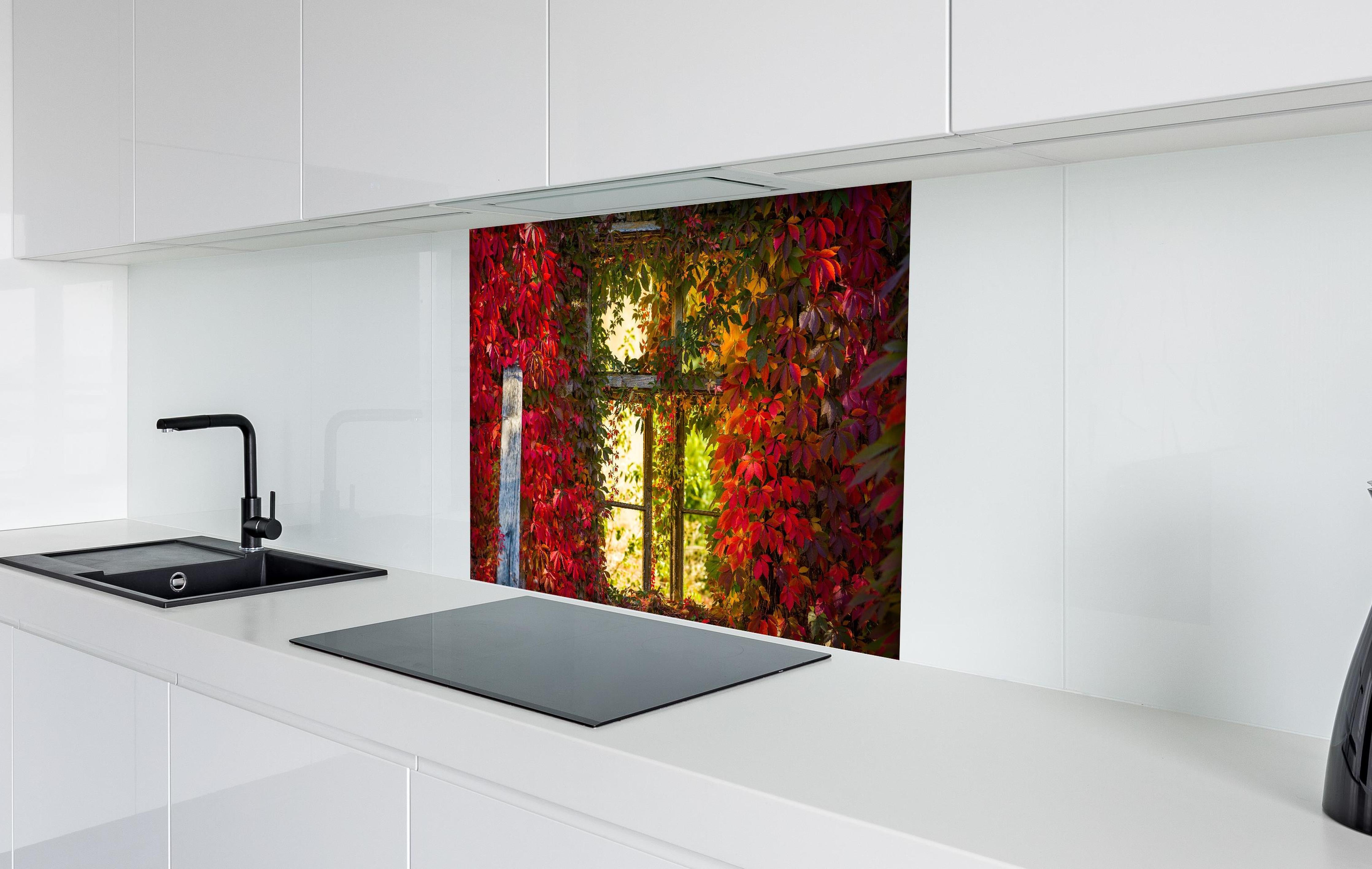 Spritzschutz - Verwachsenes Fenster mit roten Blättern hinter einem Cerankochfeld zwischen Holz-Kochutensilien
