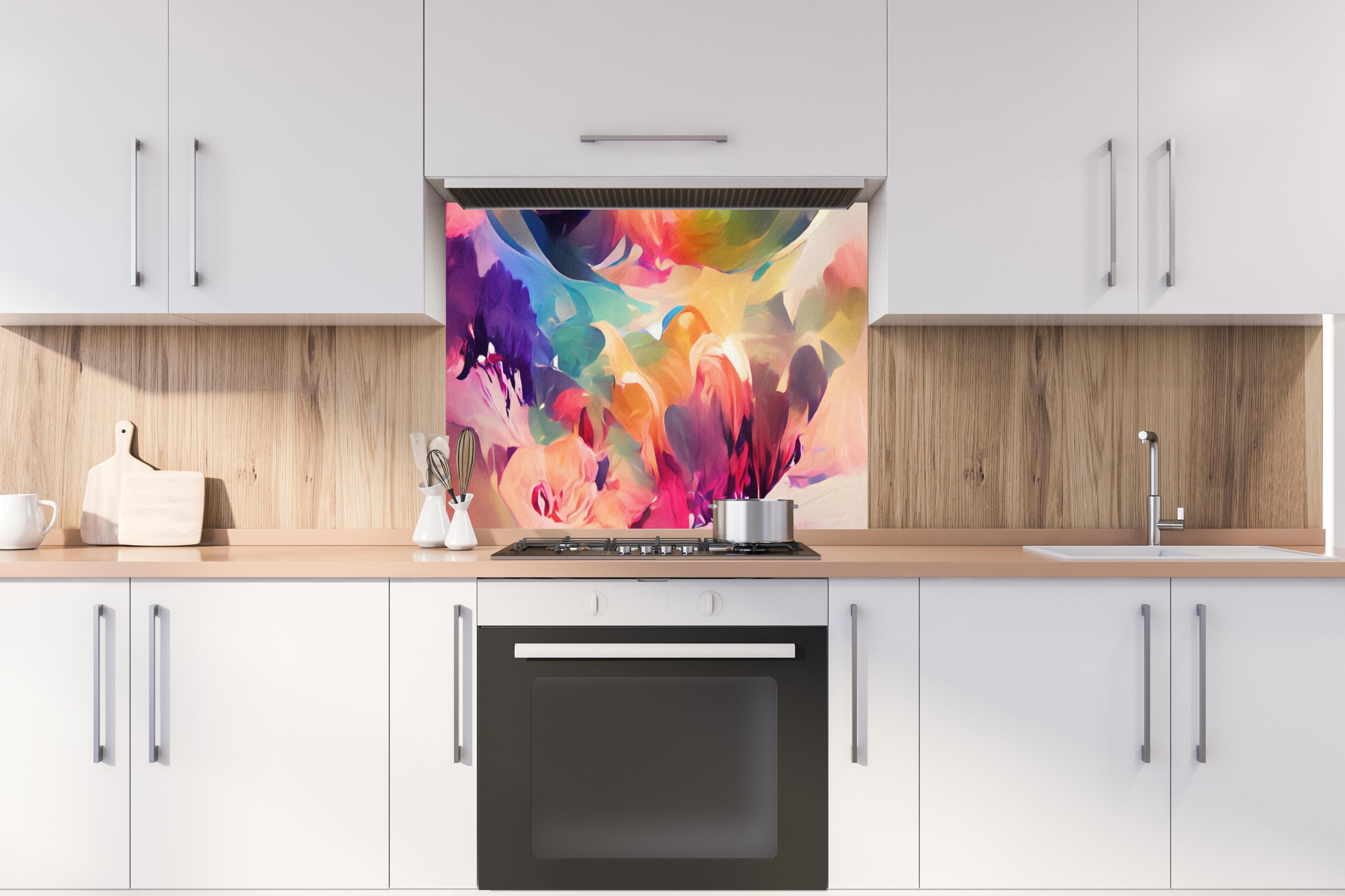 Spritzschutz - Vibrante Abstrakte Farbkunst Kreation hinter einem Cerankochfeld zwischen Holz-Kochutensilien
