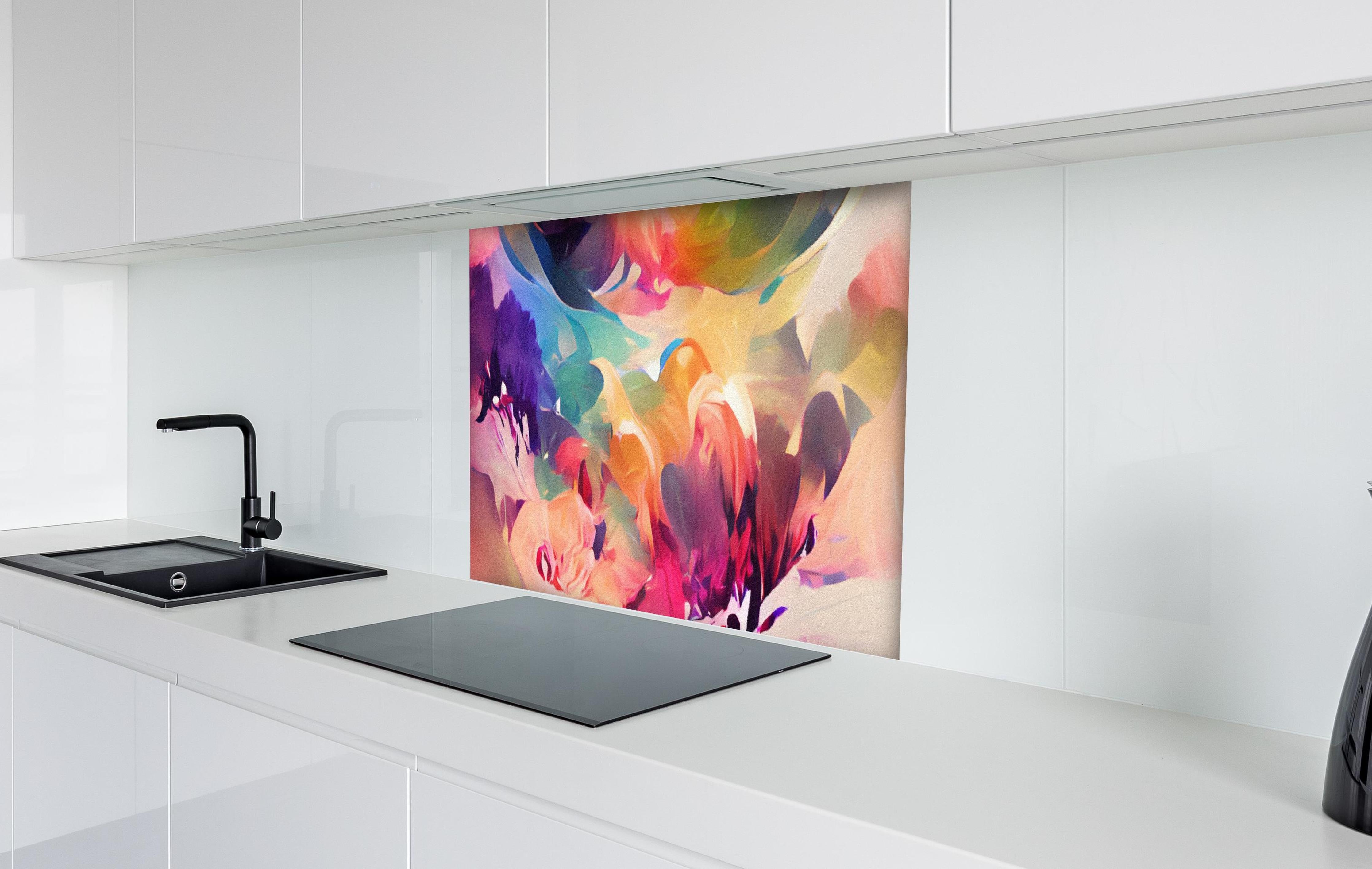 Spritzschutz - Vibrante Abstrakte Farbkunst Kreation hinter einem Cerankochfeld zwischen Holz-Kochutensilien
