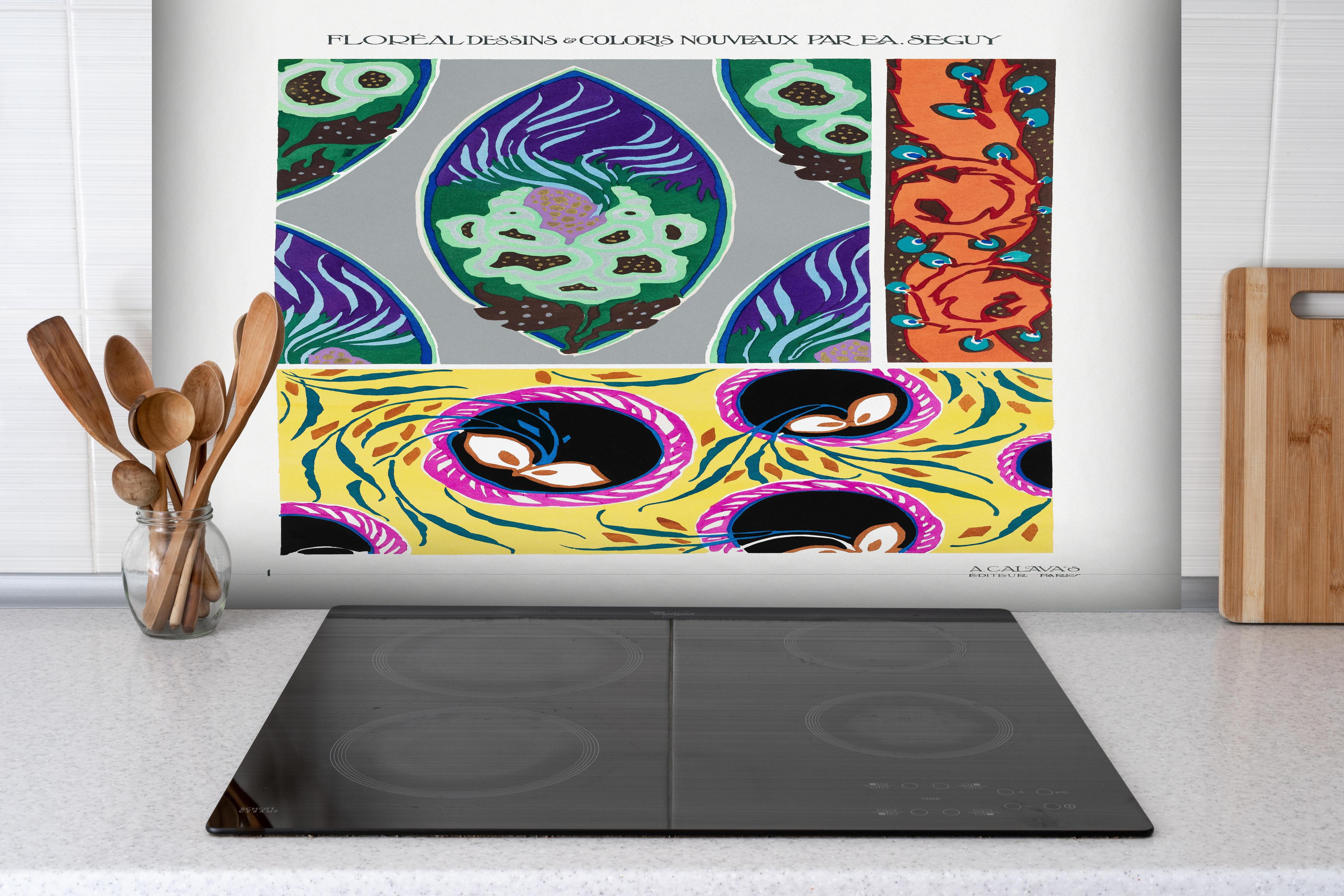 Spritzschutz - Vintage Kollage - Französisch hinter einem Cerankochfeld zwischen Holz-Kochutensilien
