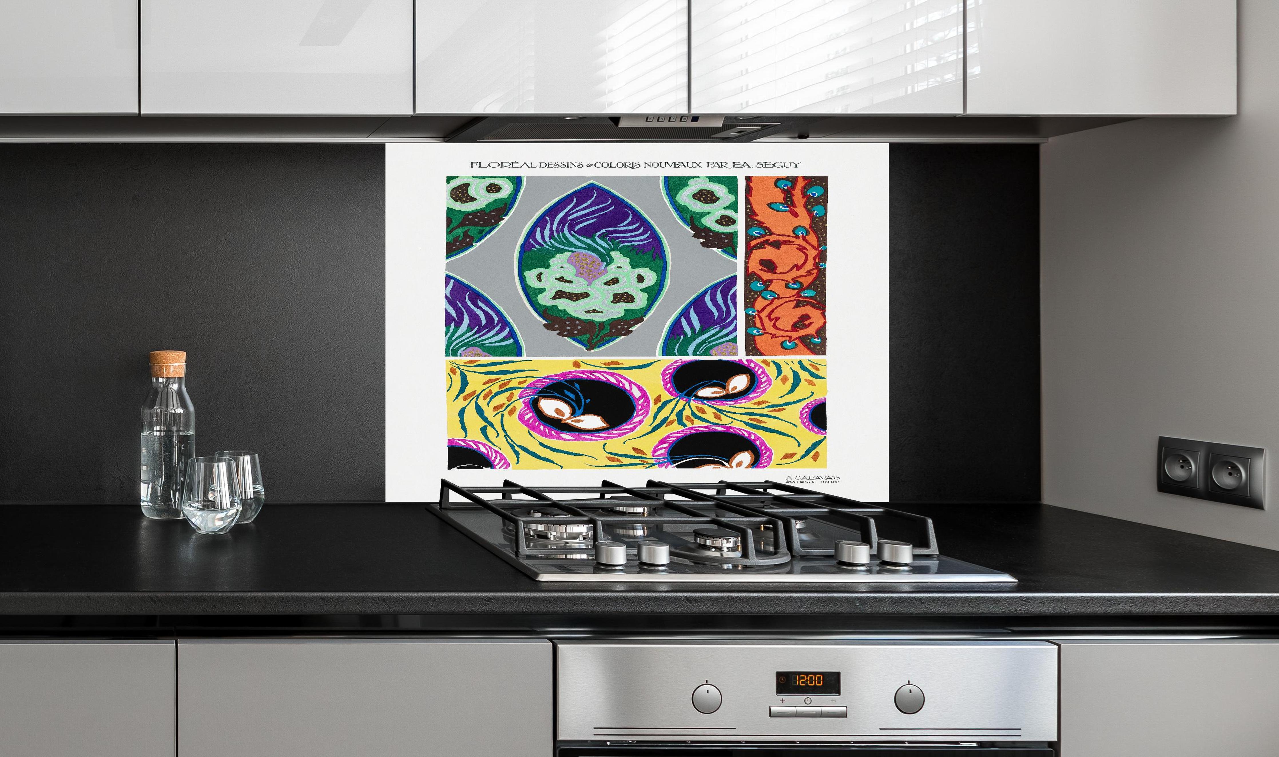 Spritzschutz - Vintage Kollage - Französisch hinter einem Cerankochfeld zwischen Holz-Kochutensilien
