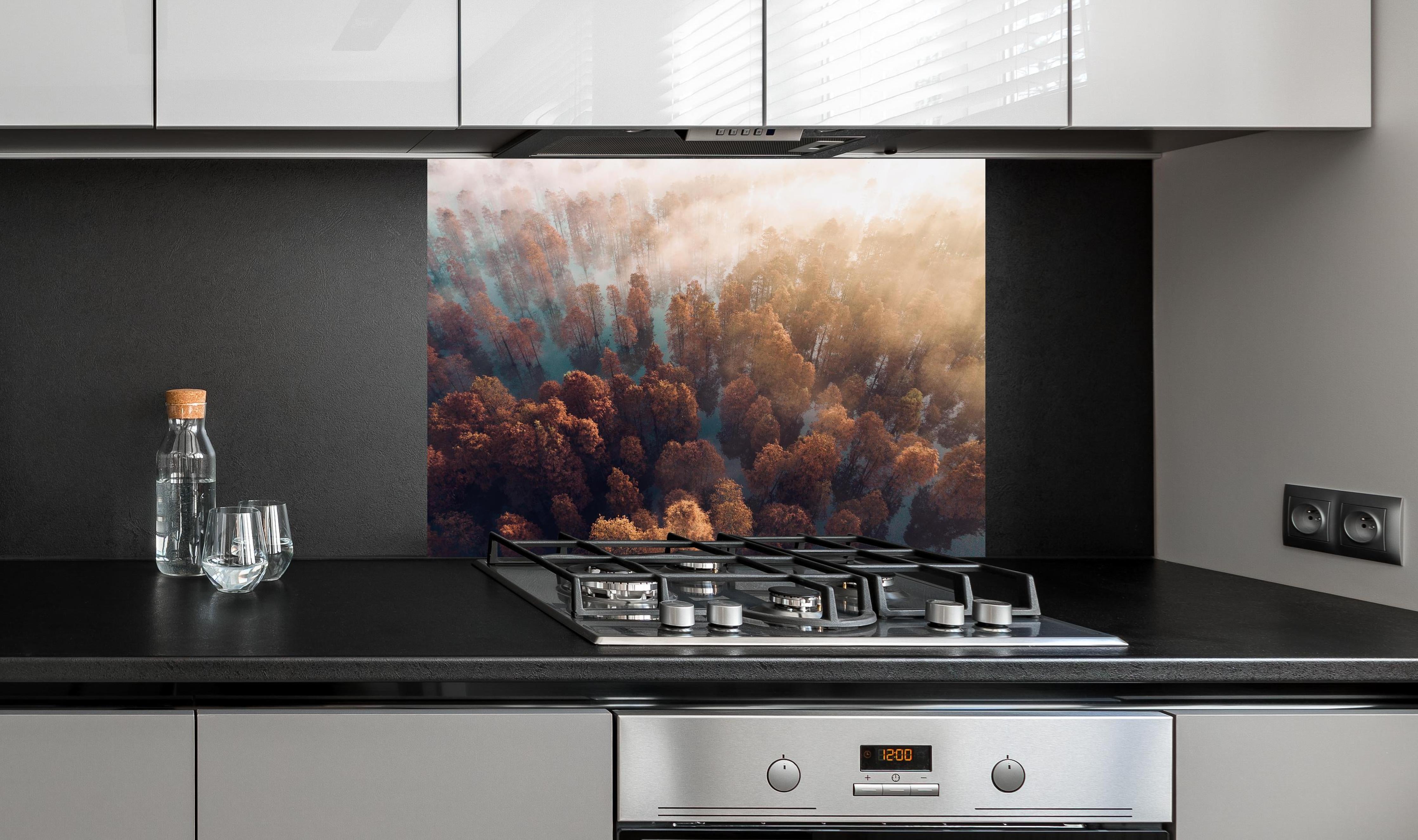 Spritzschutz - Vogelperspektive - Wald im Herbst hinter einem Cerankochfeld zwischen Holz-Kochutensilien
