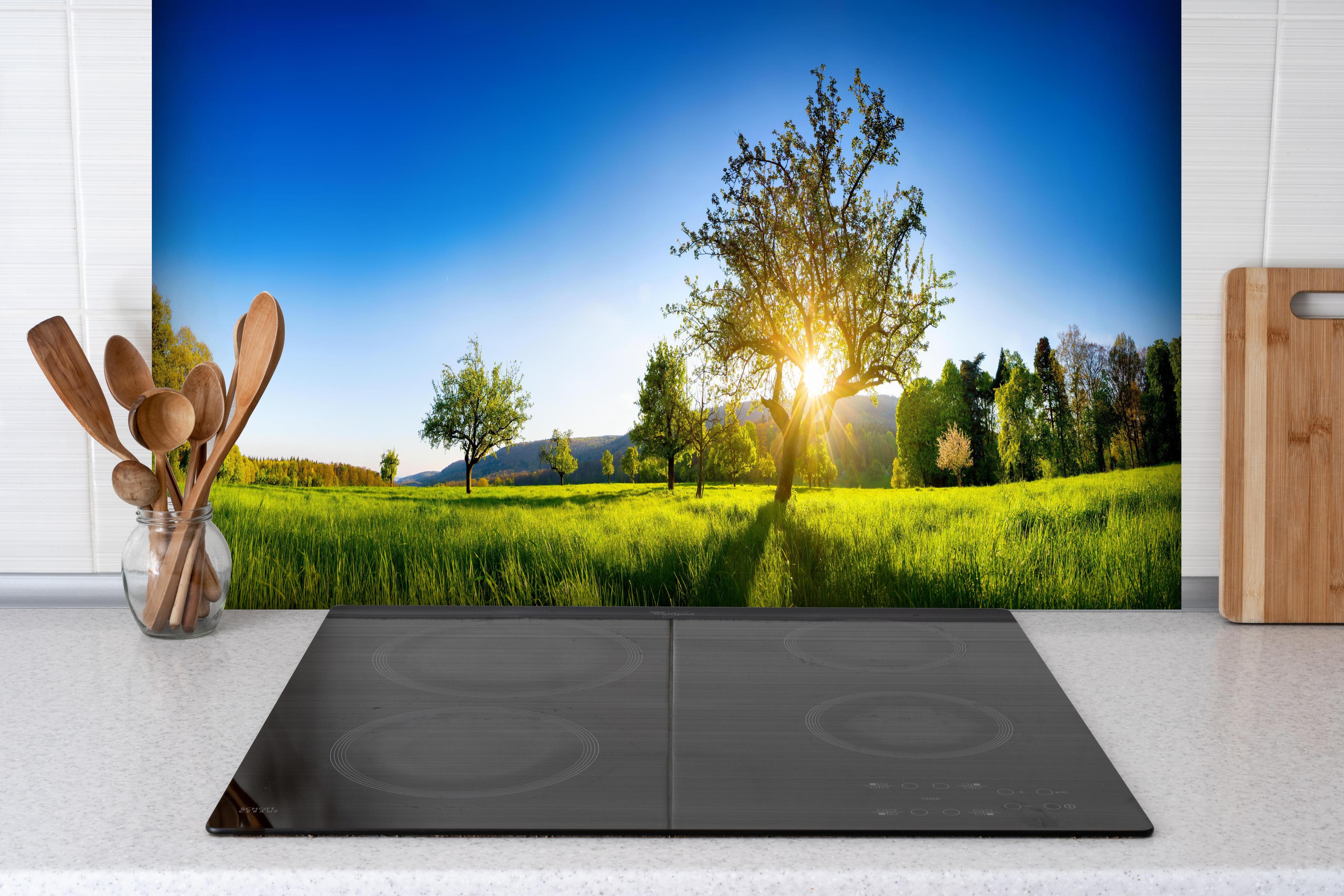 Spritzschutz - Weite Landschaft unter klarem blauem Himmel hinter einem Cerankochfeld zwischen Holz-Kochutensilien
