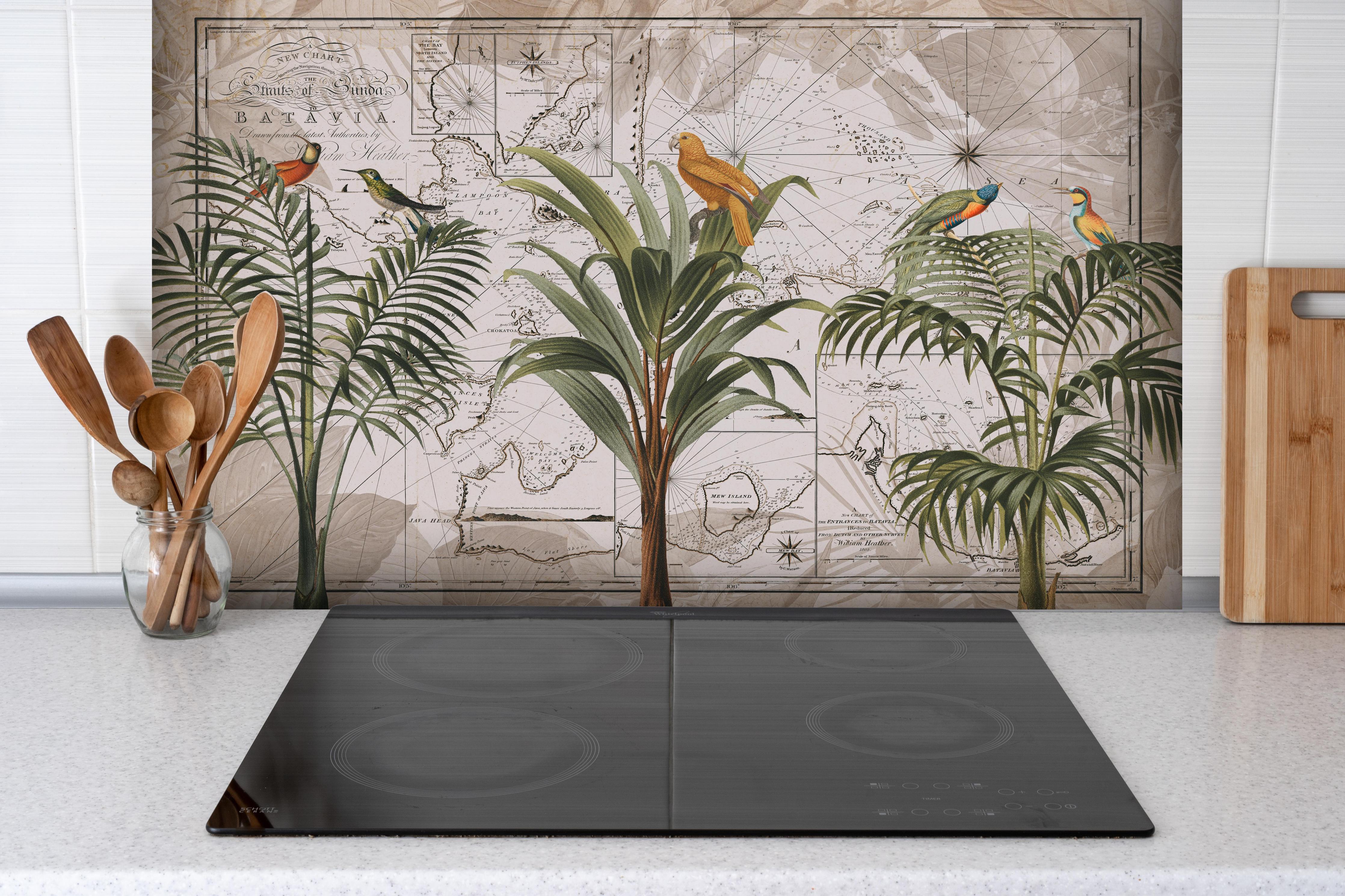 Spritzschutz - Weltkarte - Indonesien hinter einem Cerankochfeld zwischen Holz-Kochutensilien
