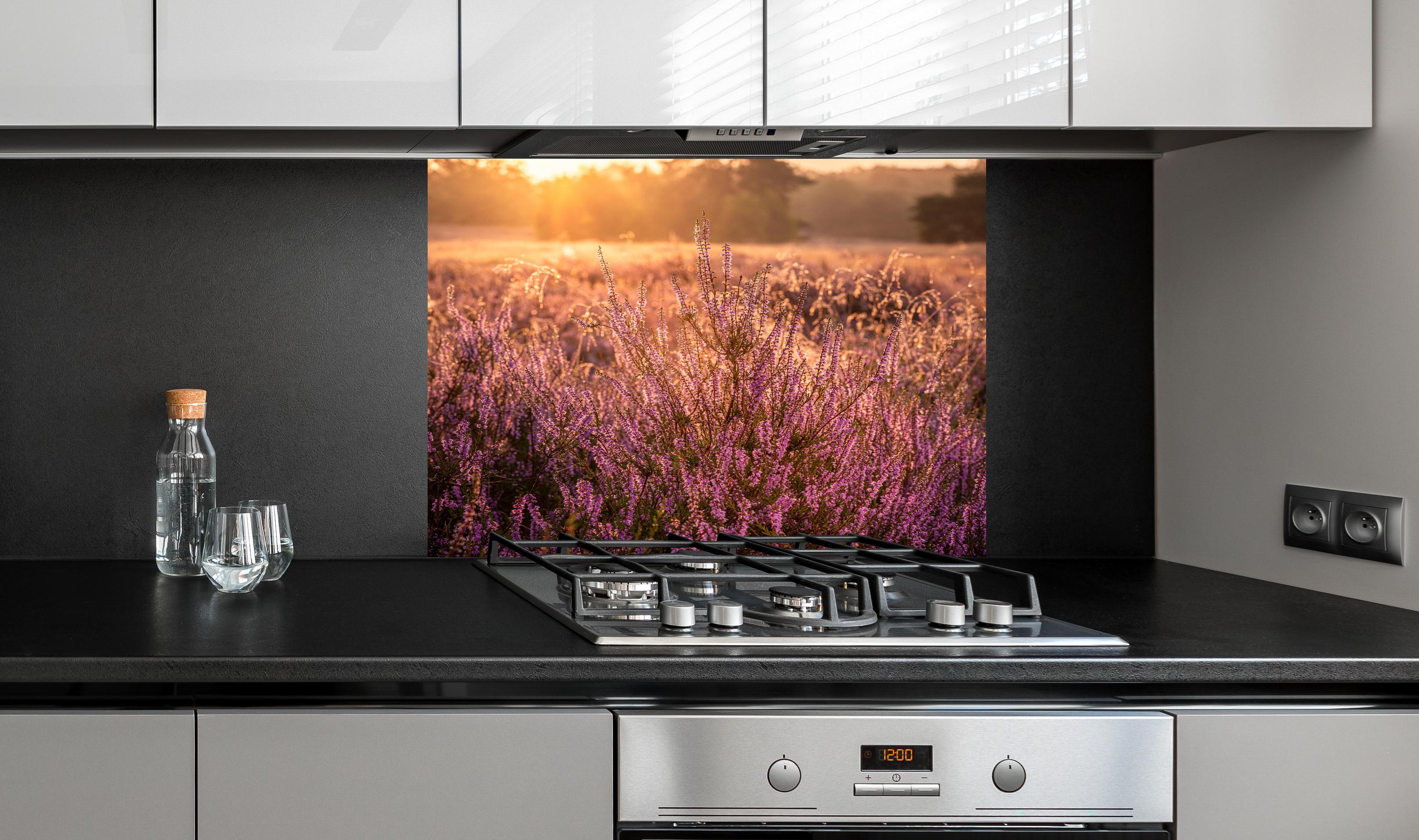 Spritzschutz - Westruper Heide bei Haltern im Münsterland hinter einem Cerankochfeld zwischen Holz-Kochutensilien
