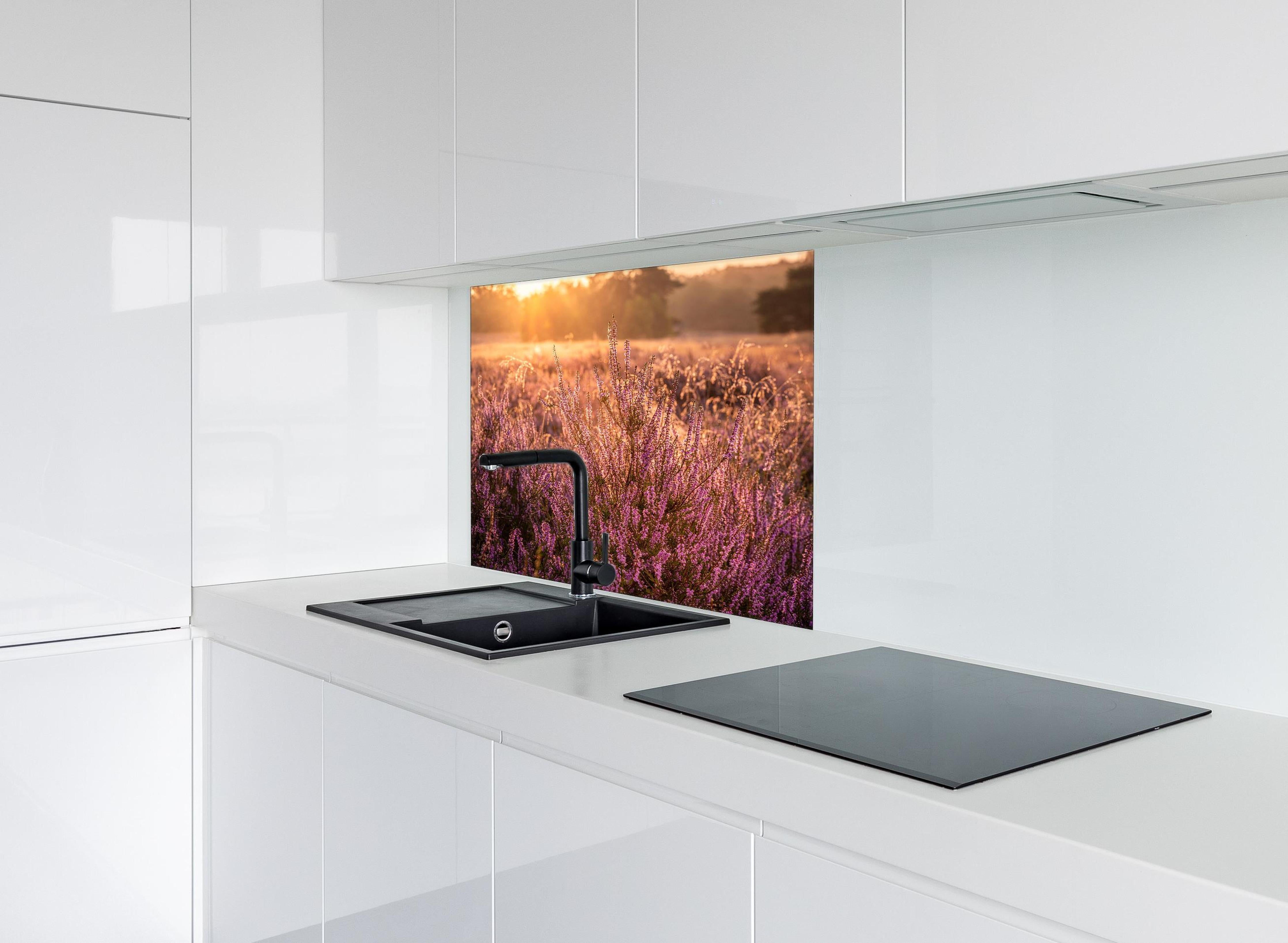 Spritzschutz - Westruper Heide bei Haltern im Münsterland hinter einem Cerankochfeld zwischen Holz-Kochutensilien
