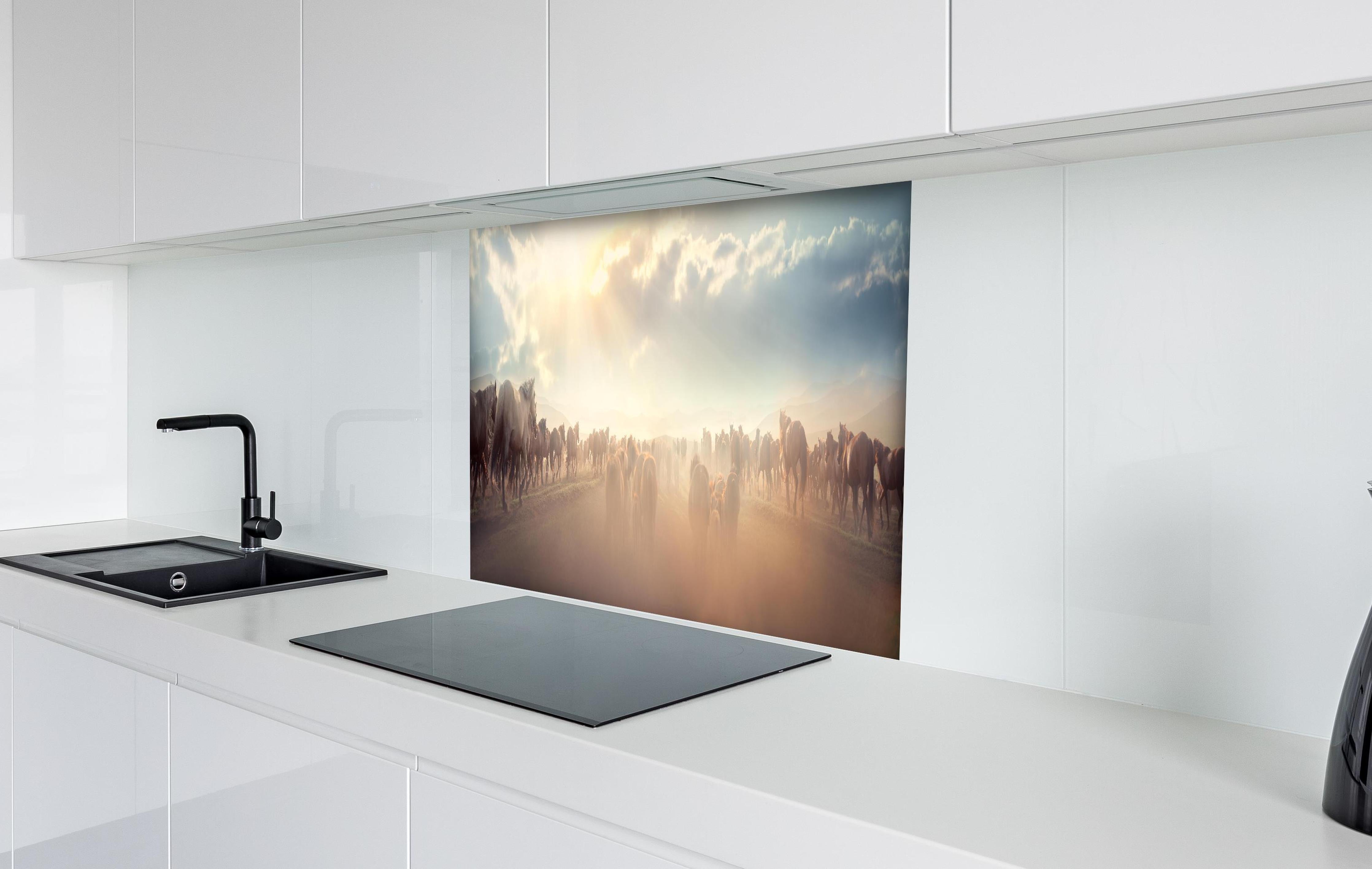 Spritzschutz - Wildpferde-Herde begegnet Sonnenuntergangspanorama hinter einem Cerankochfeld zwischen Holz-Kochutensilien
