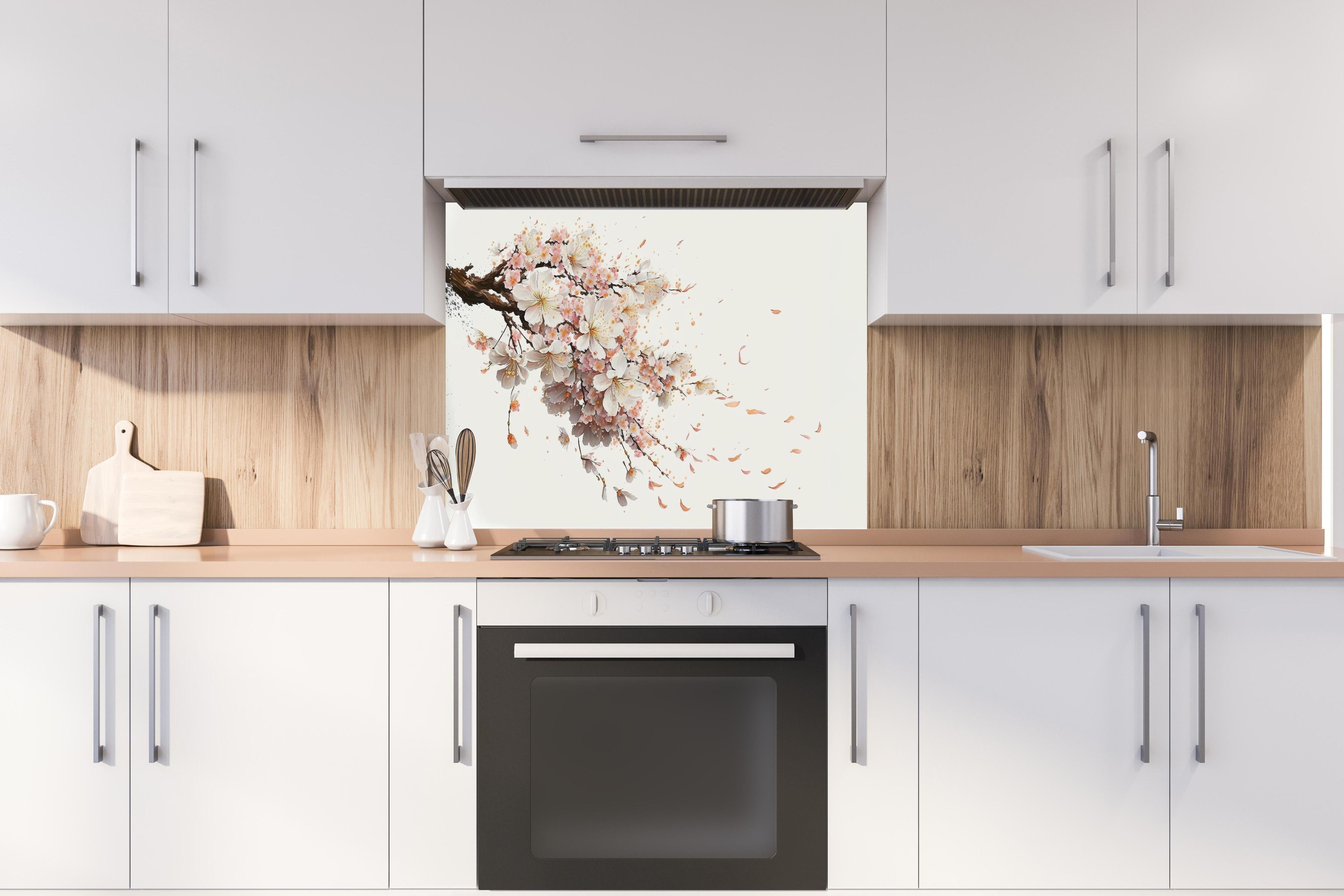 Spritzschutz - Zarter Sakura Zweig mit Blütenfall hinter einem Cerankochfeld zwischen Holz-Kochutensilien
