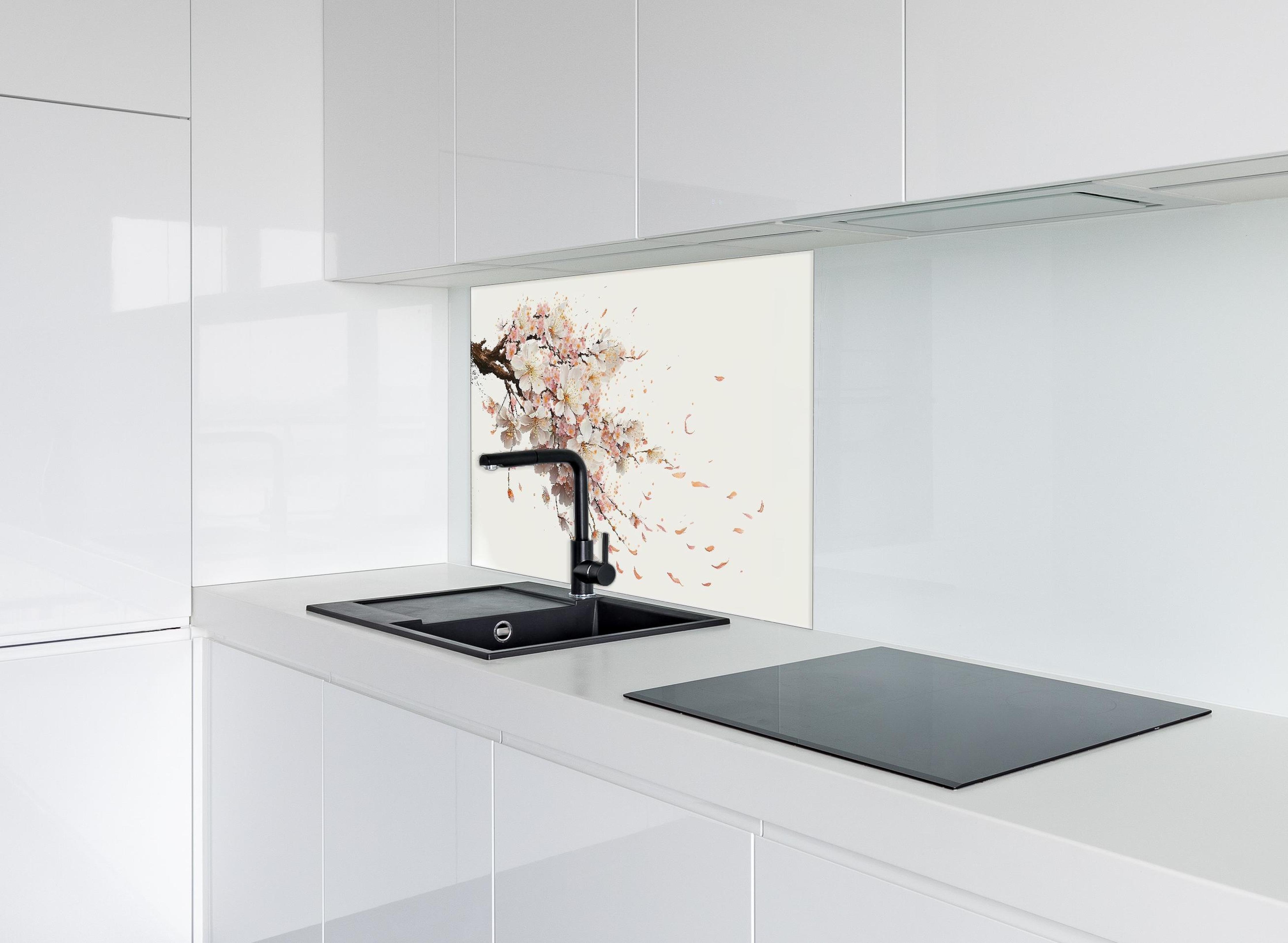 Spritzschutz - Zarter Sakura Zweig mit Blütenfall hinter einem Cerankochfeld zwischen Holz-Kochutensilien
