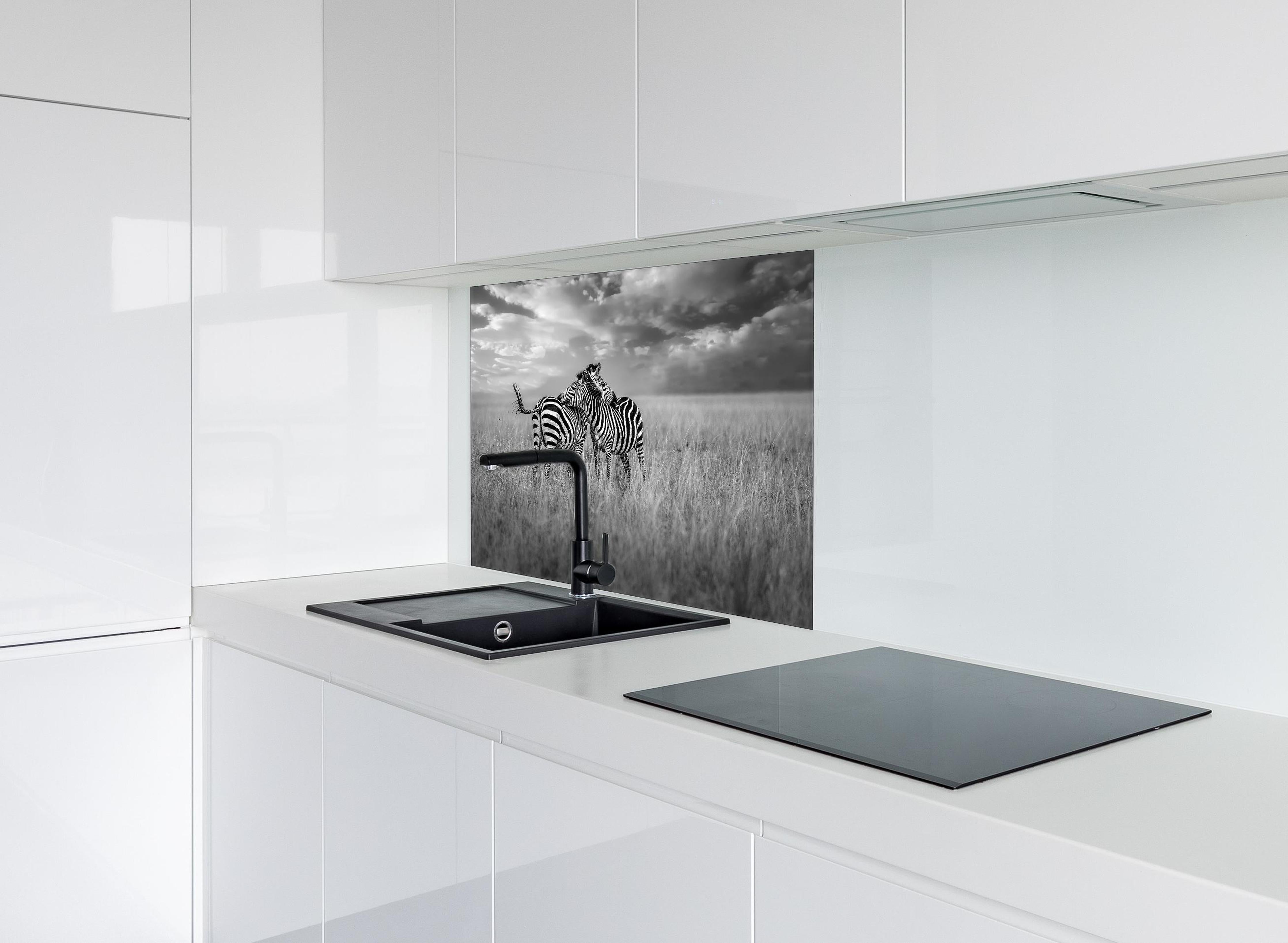 Spritzschutz - Zebras in ihrer Natur - Savanne hinter einem Cerankochfeld zwischen Holz-Kochutensilien
