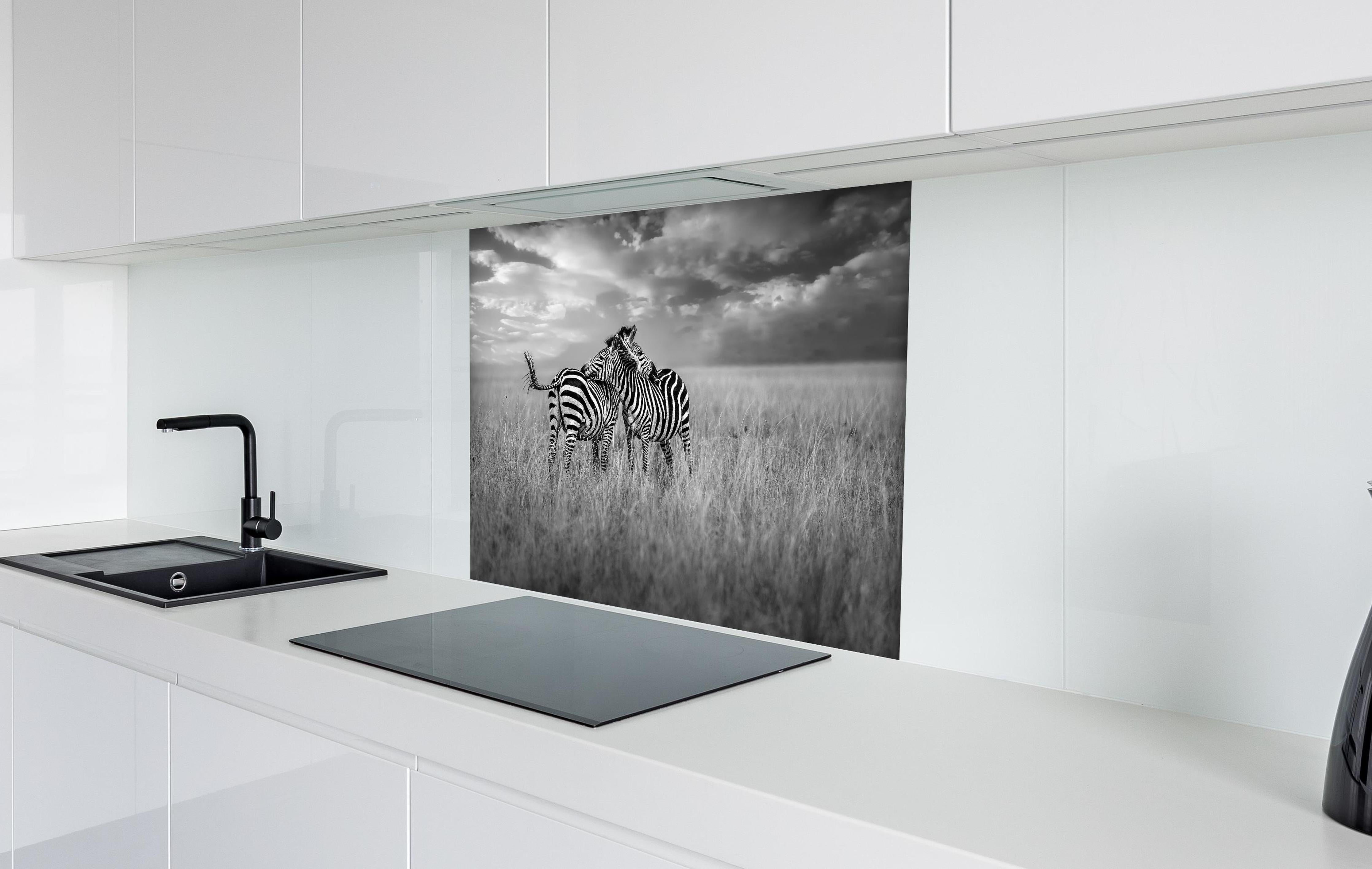 Spritzschutz - Zebras in ihrer Natur - Savanne hinter einem Cerankochfeld zwischen Holz-Kochutensilien
