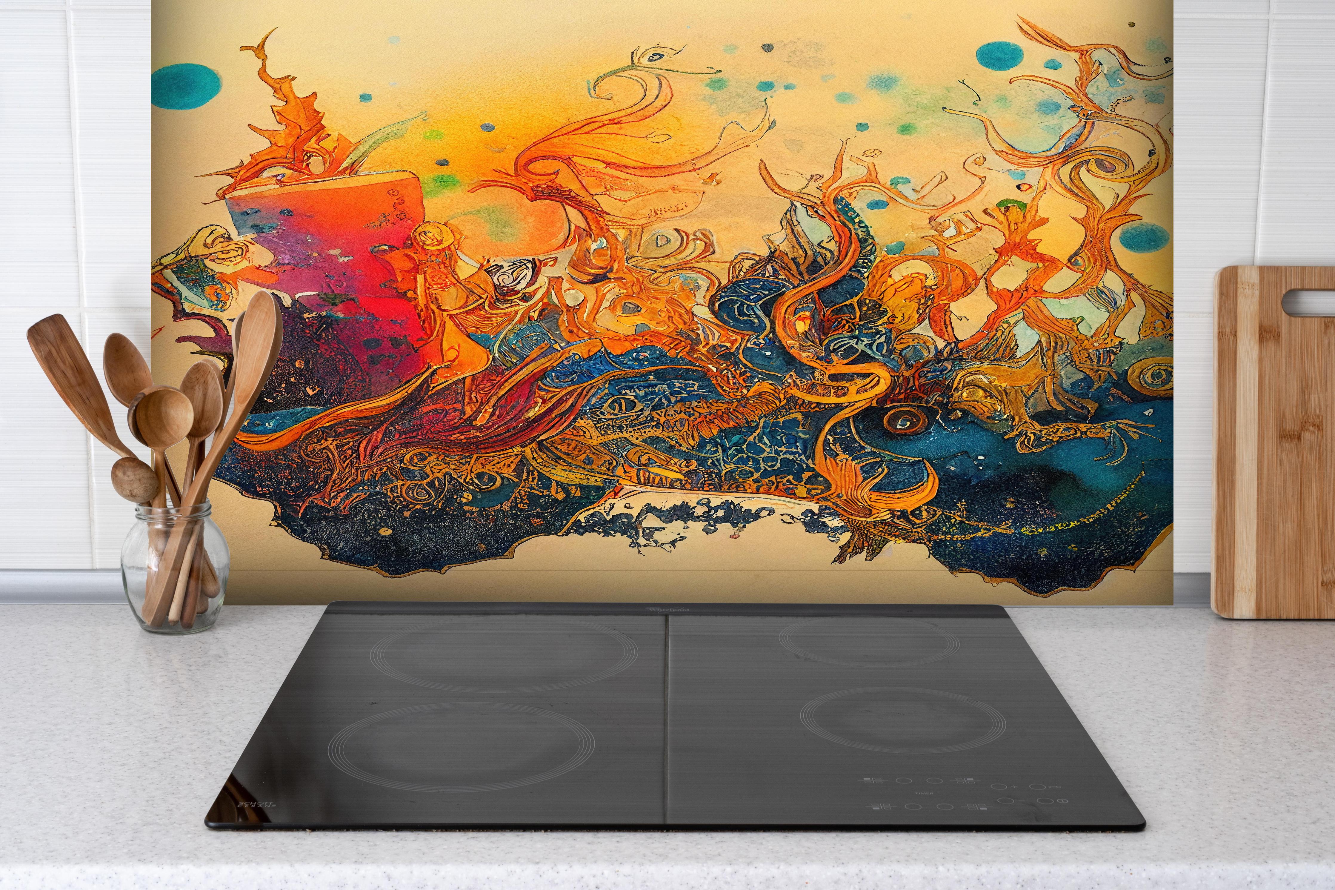 Spritzschutz - abstrakte bunte Aquarell-Design Illustration hinter einem Cerankochfeld zwischen Holz-Kochutensilien
