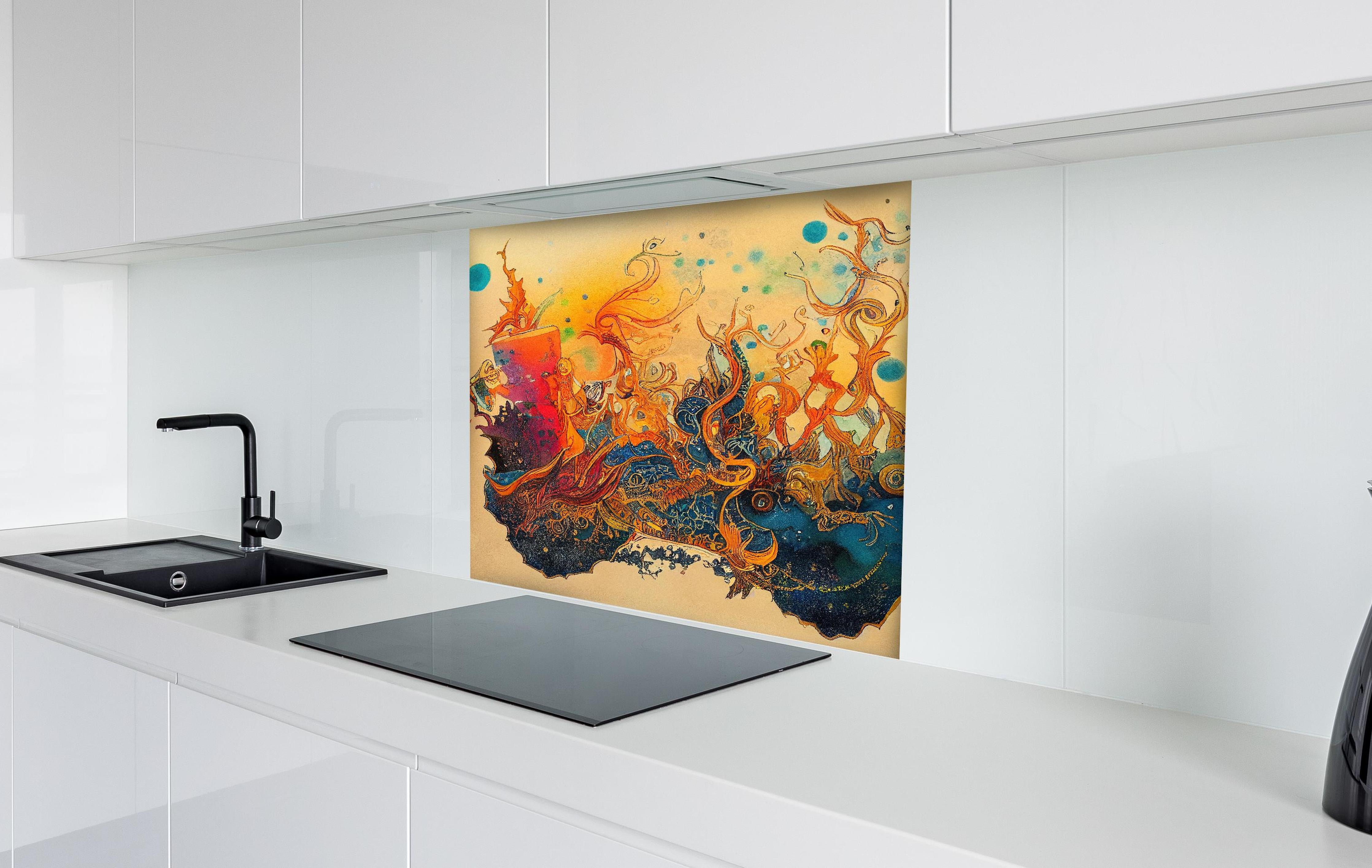 Spritzschutz - abstrakte bunte Aquarell-Design Illustration hinter einem Cerankochfeld zwischen Holz-Kochutensilien
