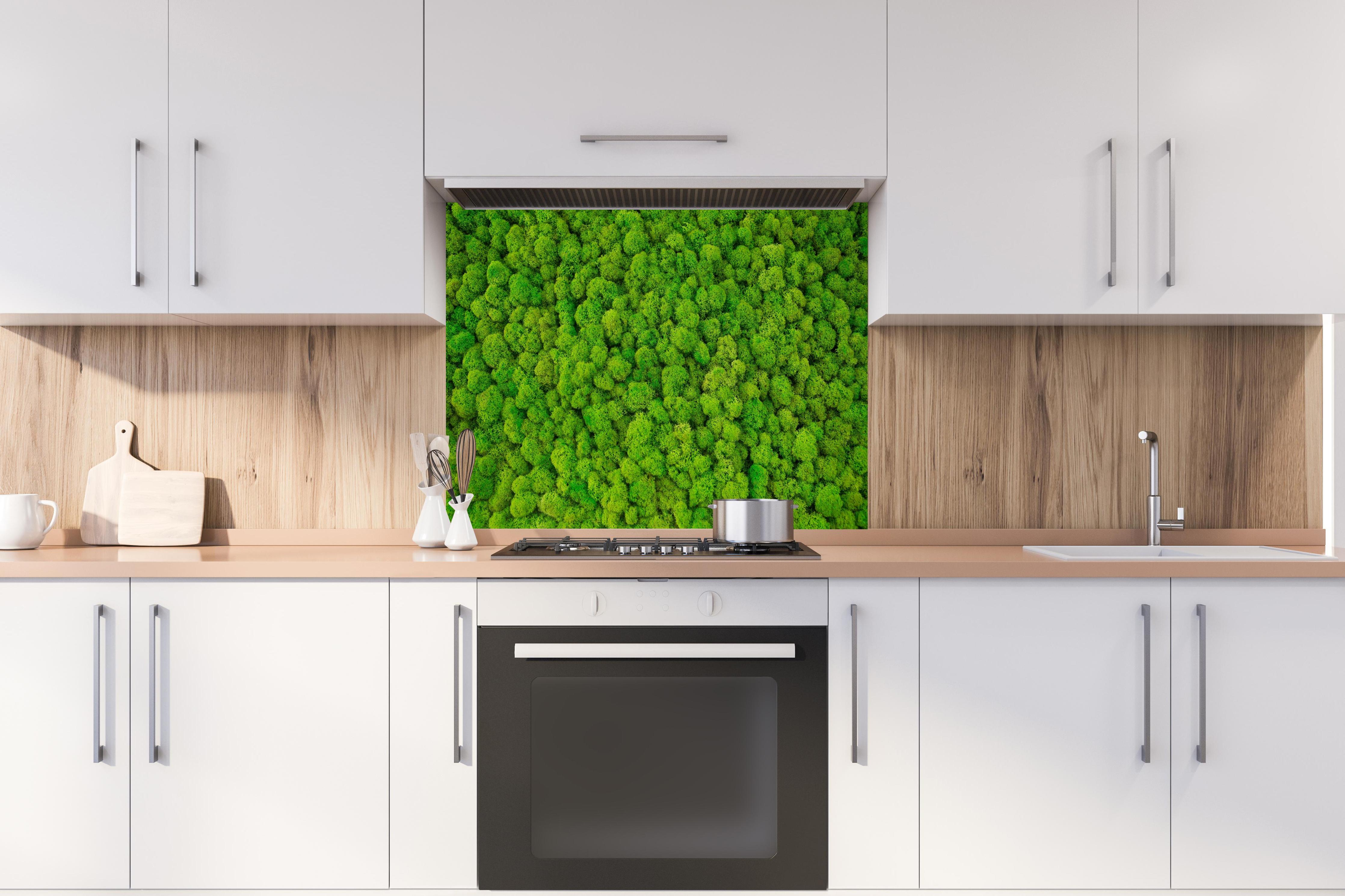 Spritzschutz - dekoratives Moos Design hinter einem Cerankochfeld zwischen Holz-Kochutensilien

