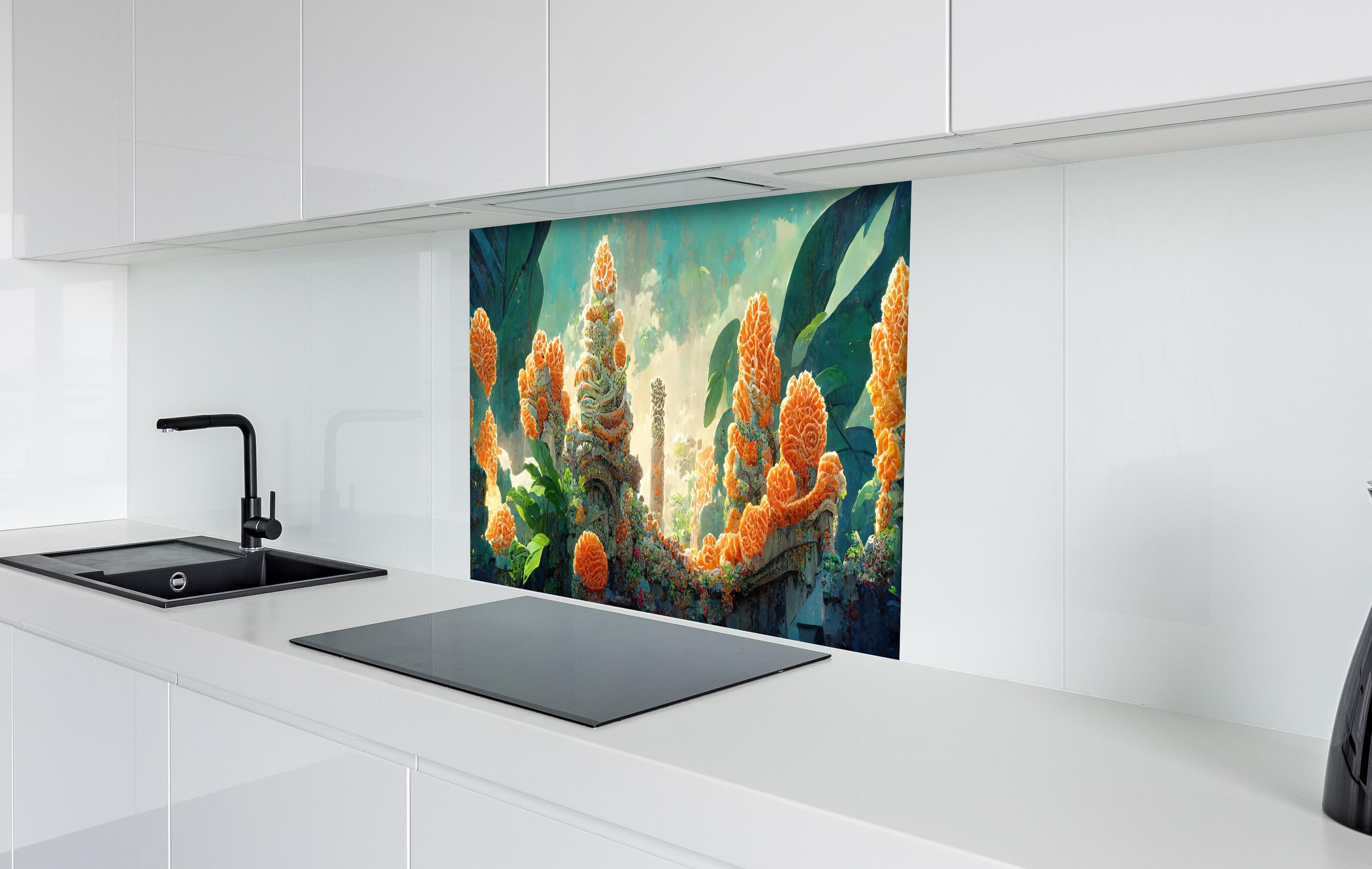 Spritzschutz - gelbe Blumen hinter einem Cerankochfeld zwischen Holz-Kochutensilien
