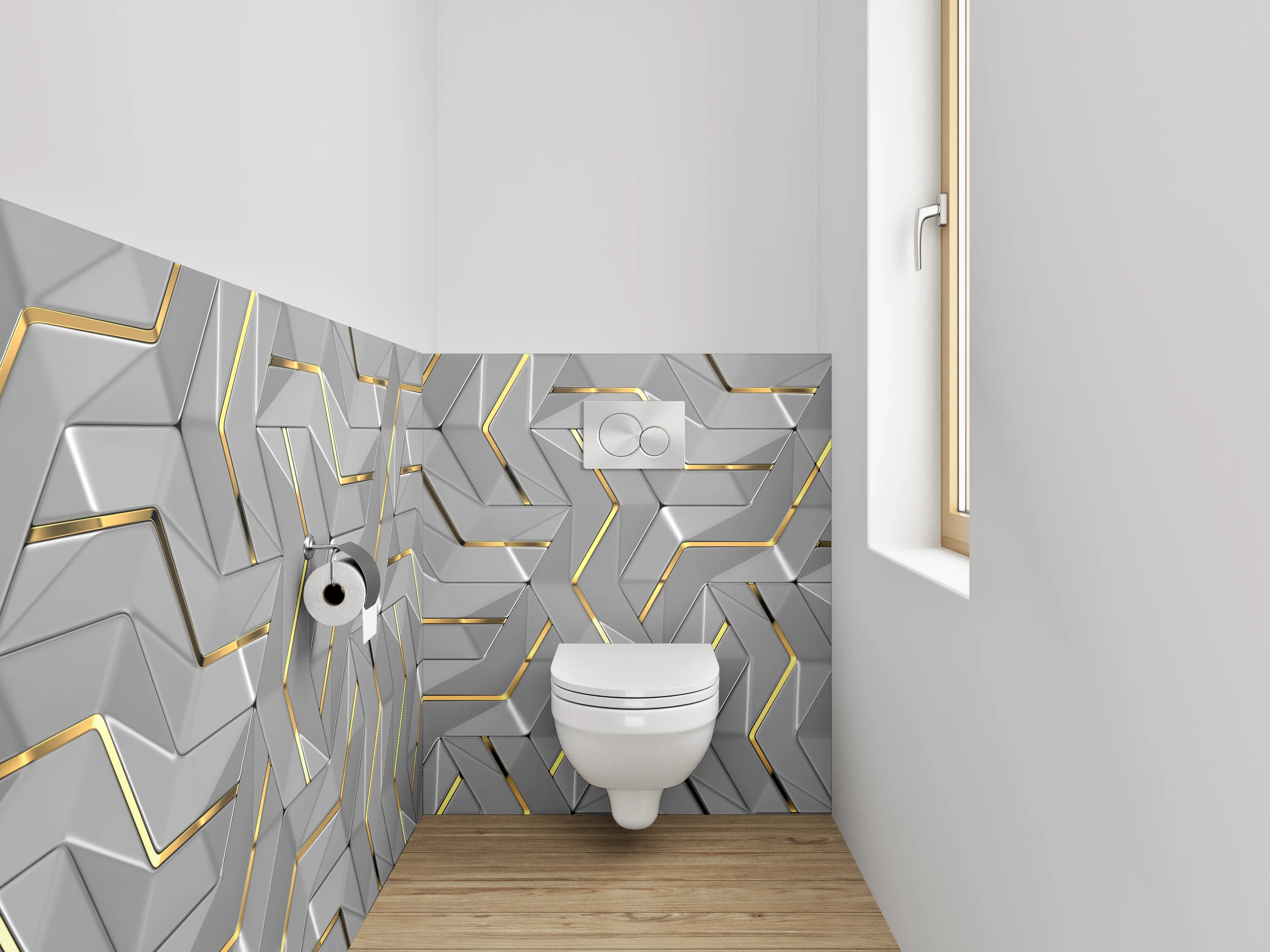 WC-Rückwand - 3D Metallic Muster mit Goldakzent