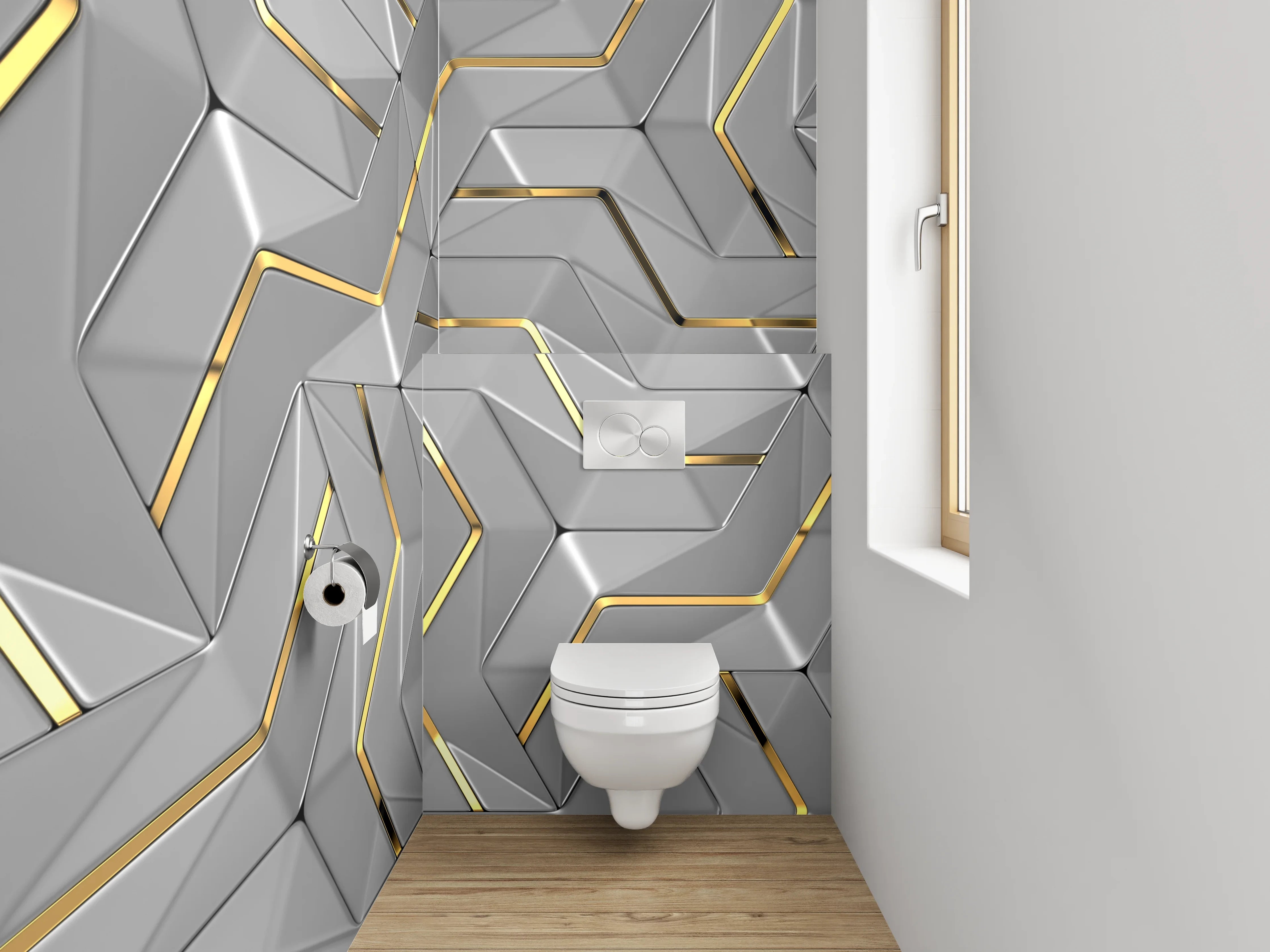 WC-Rückwand - 3D Metallic Muster mit Goldakzent