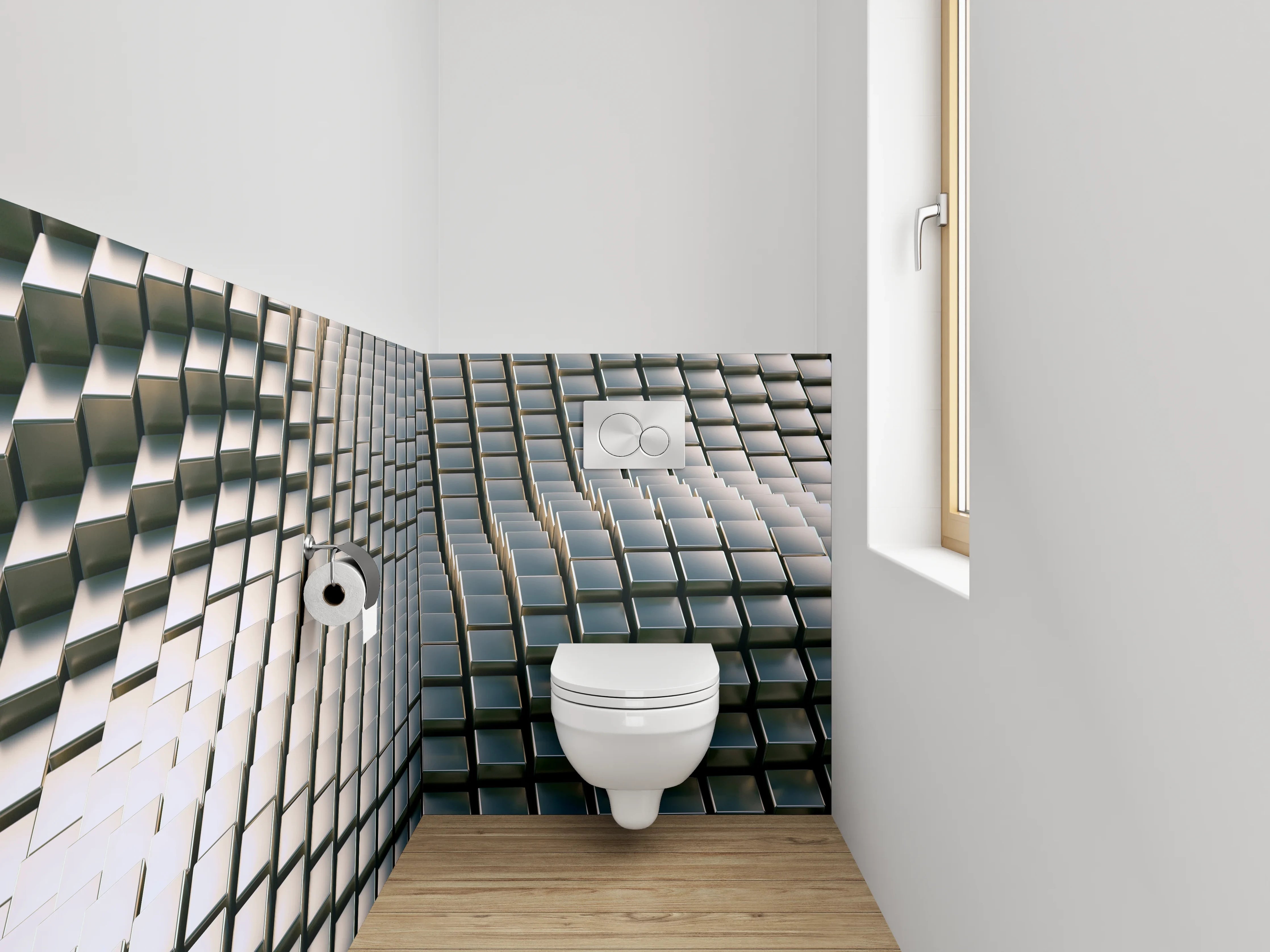 WC-Rückwand - 3D-Optik Würfel Wellenmotiv Grau