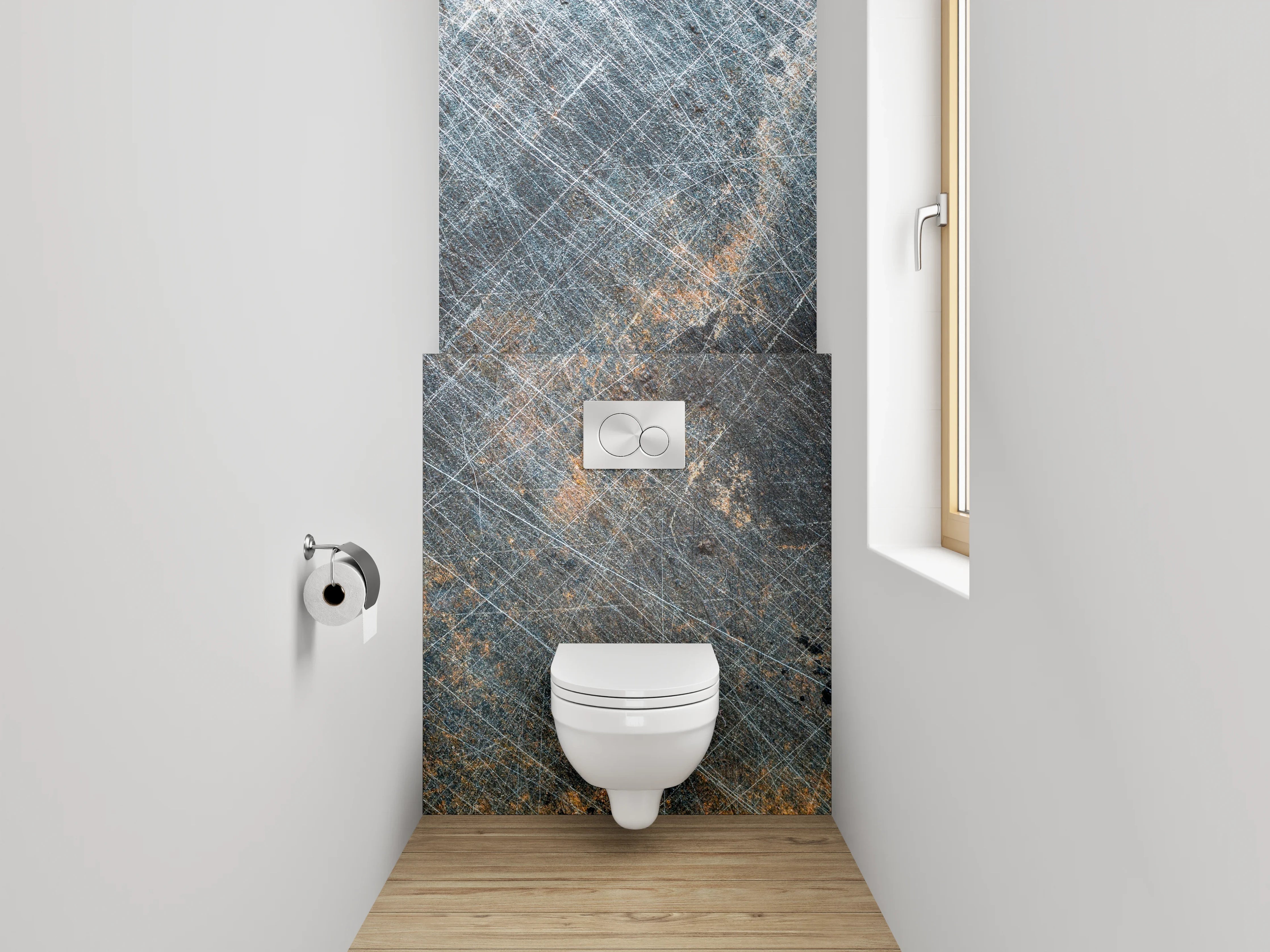 WC-Rückwand - Abgenutzte Metalloptik mit Kratzern