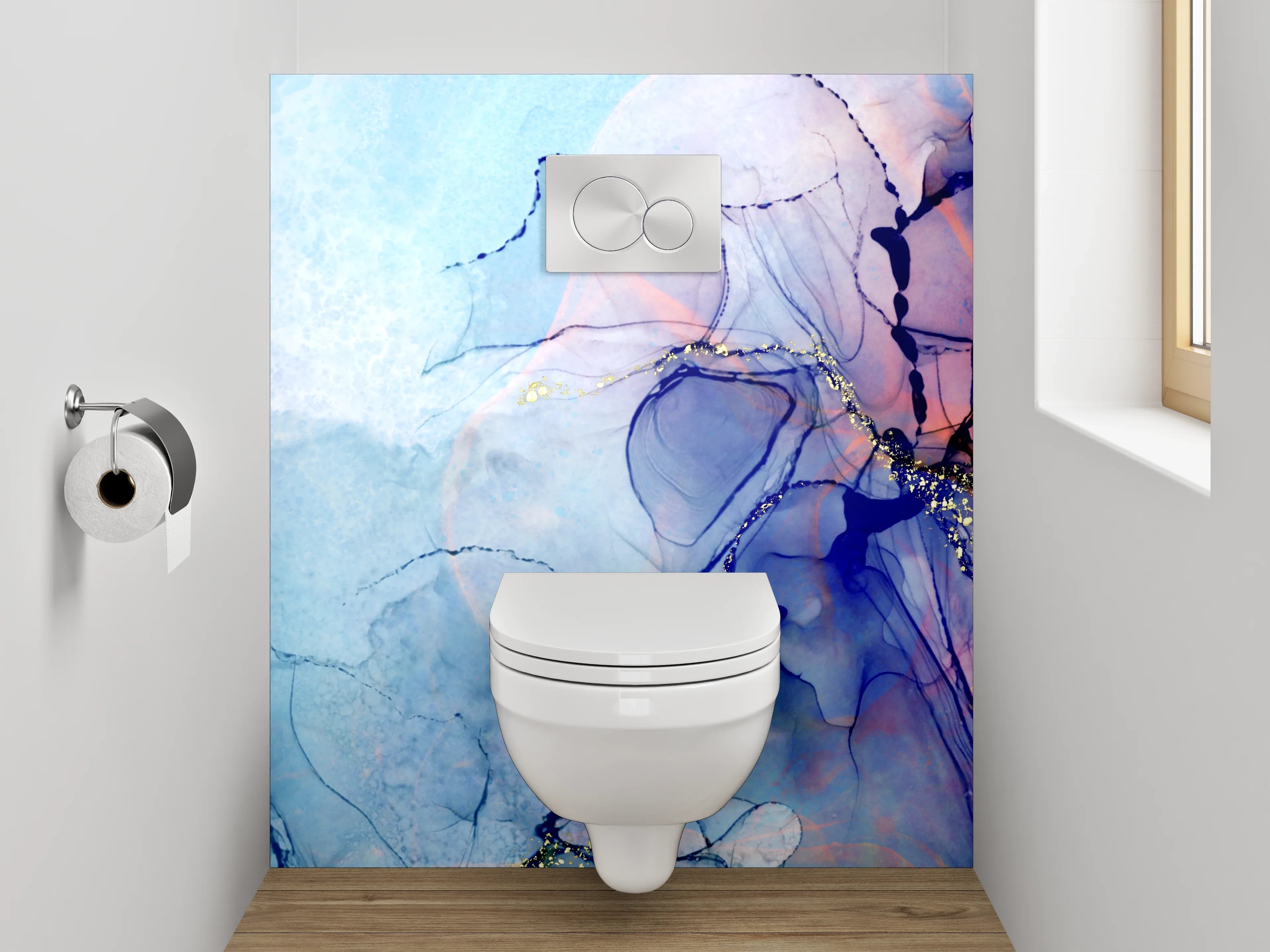 WC-Rückwand - Abstrakte Aquarell-Kunst in Blau und Violett