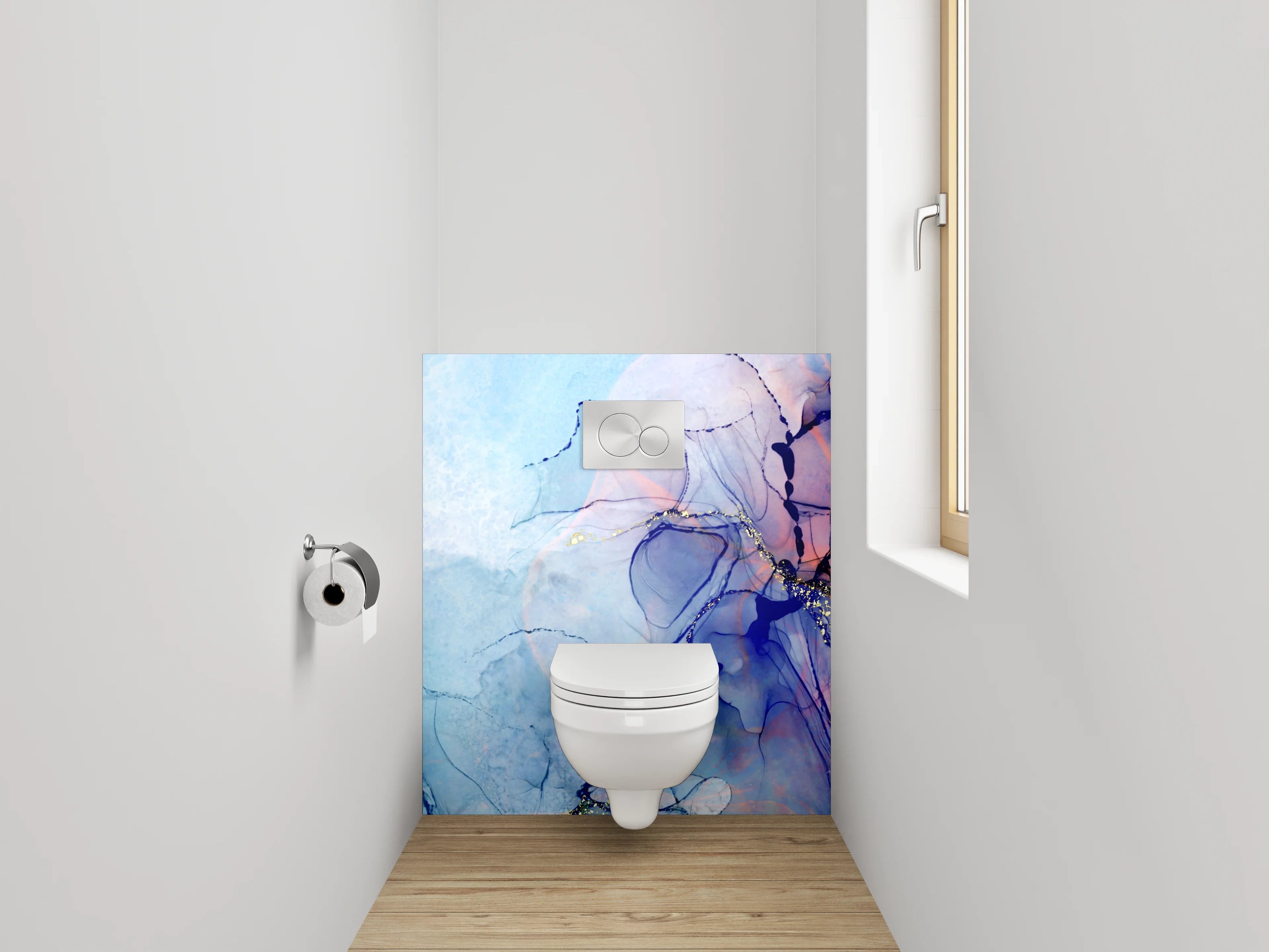 WC-Rückwand - Abstrakte Aquarell-Kunst in Blau und Violett
