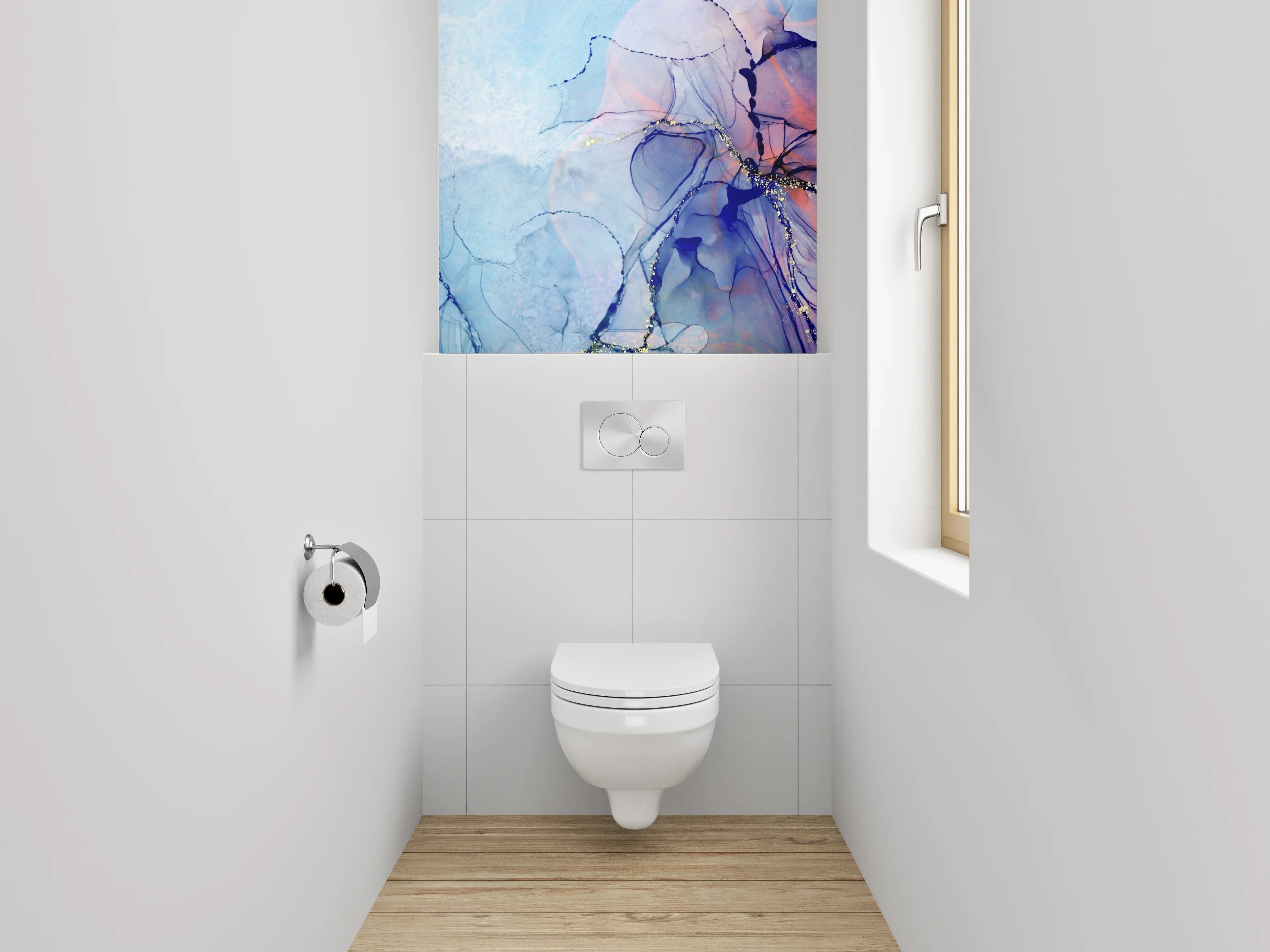 WC-Rückwand - Abstrakte Aquarell-Kunst in Blau und Violett