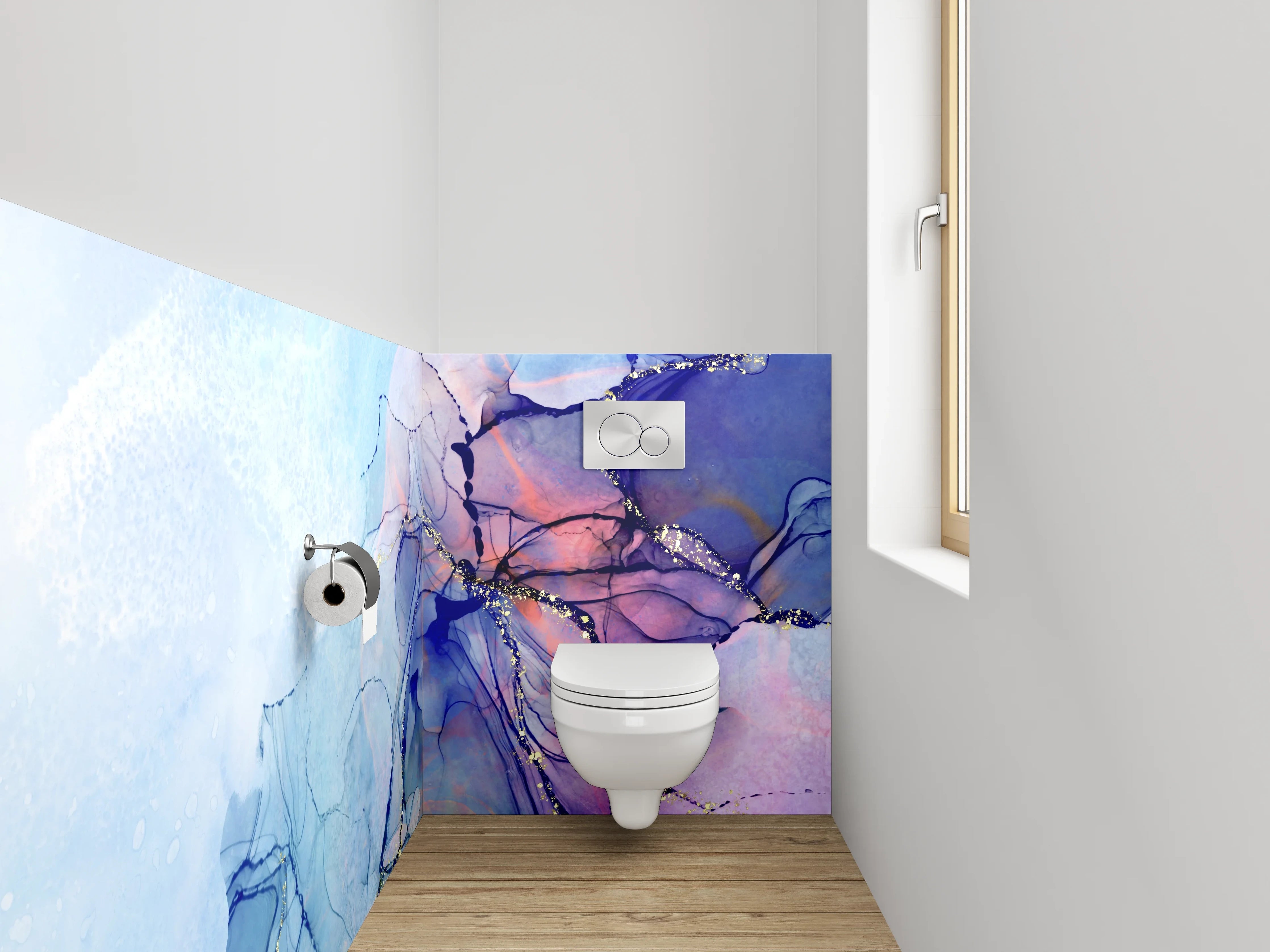 WC-Rückwand - Abstrakte Aquarell-Kunst in Blau und Violett
