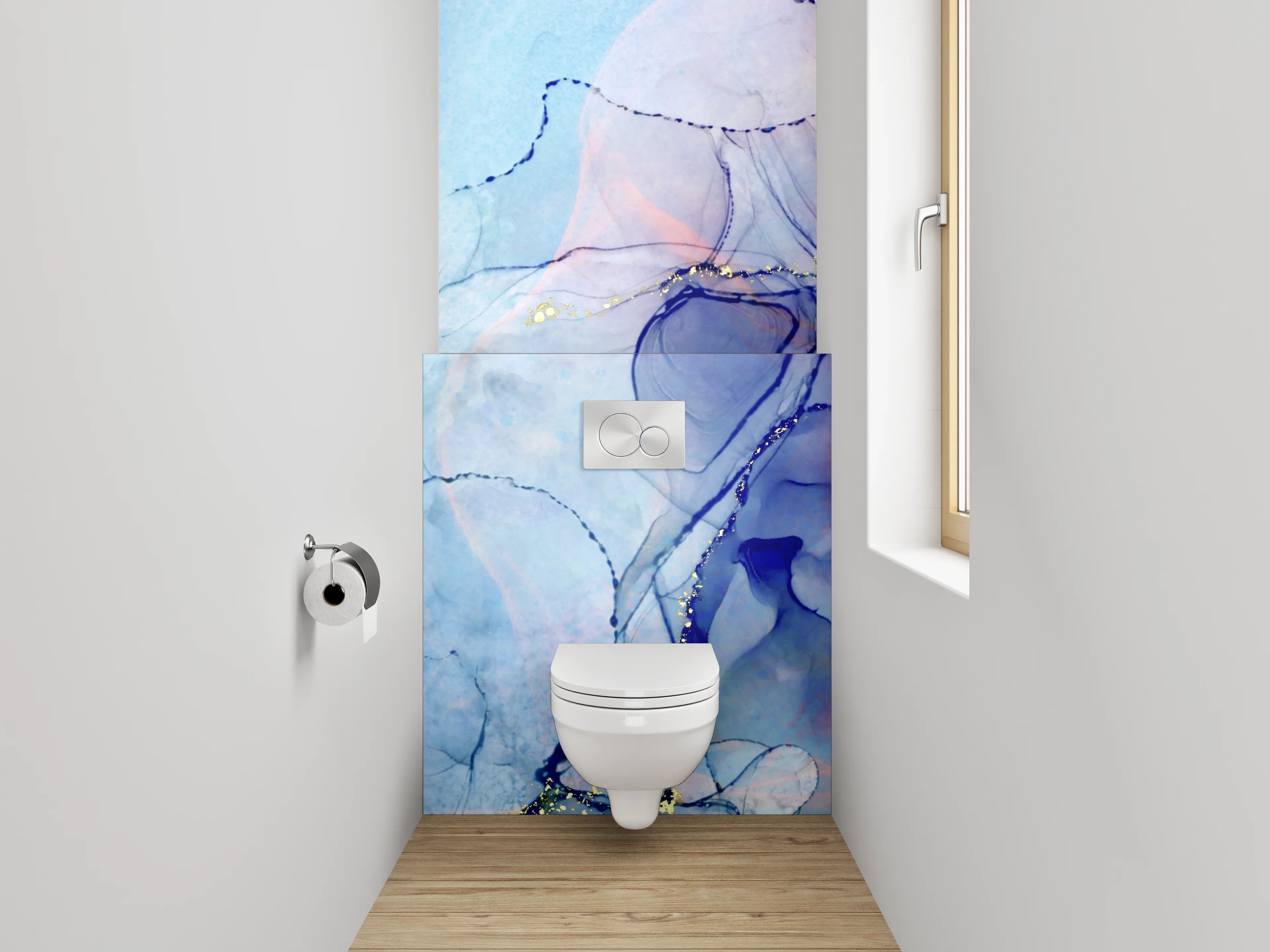 WC-Rückwand - Abstrakte Aquarell-Kunst in Blau und Violett