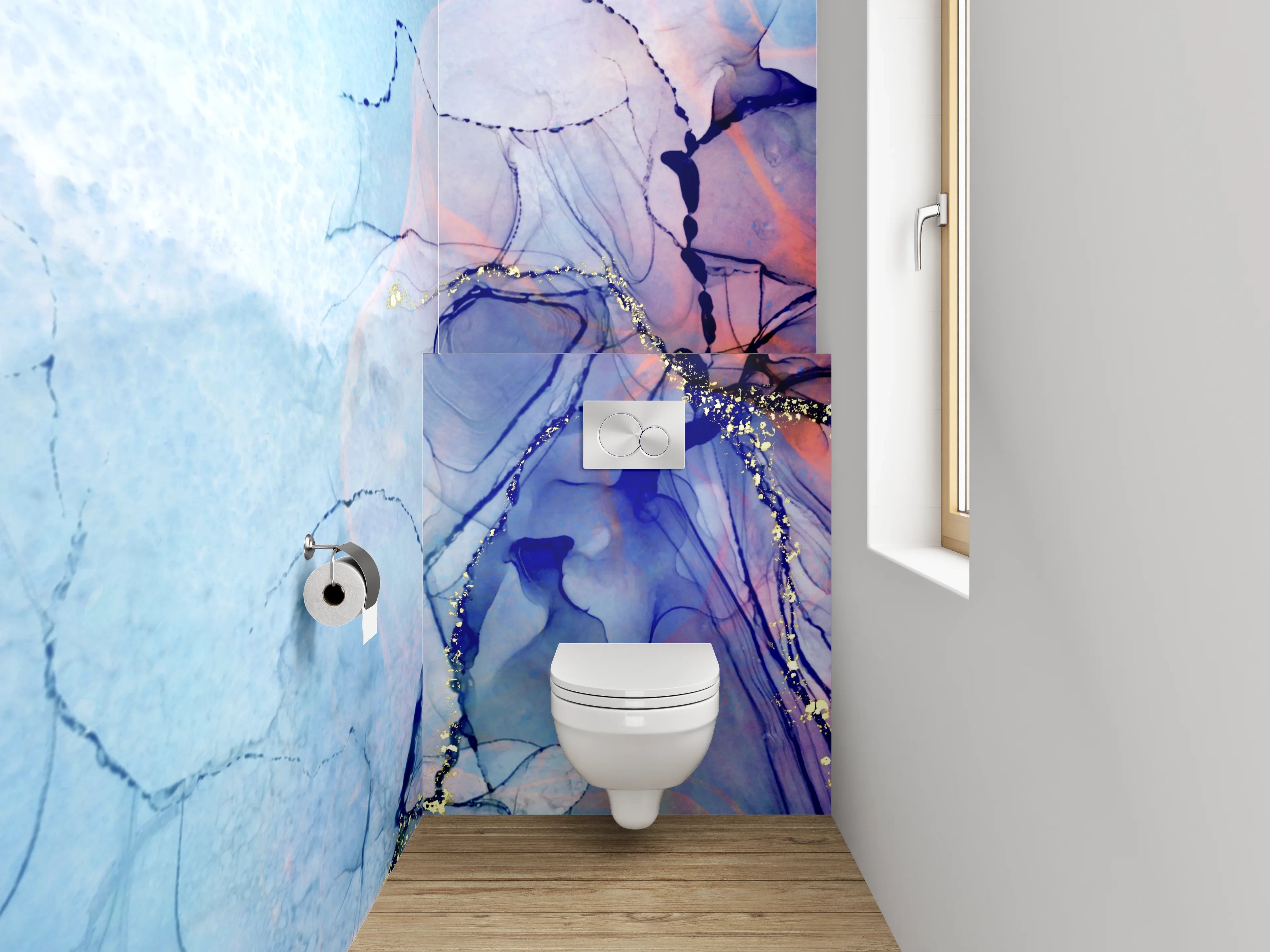 WC-Rückwand - Abstrakte Aquarell-Kunst in Blau und Violett