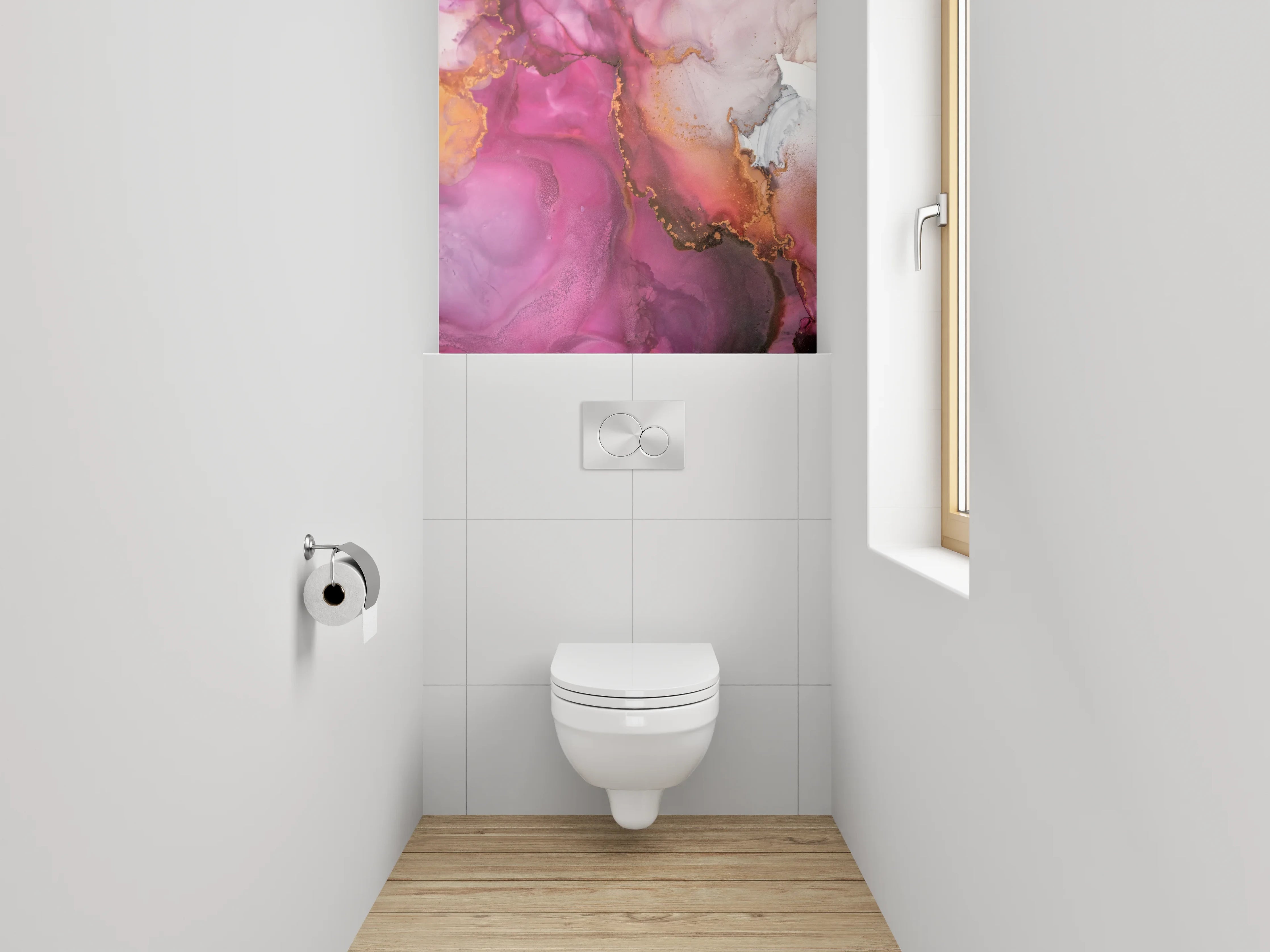 WC-Rückwand - Abstrakte Aquarell-Kunst in Pink und Gold