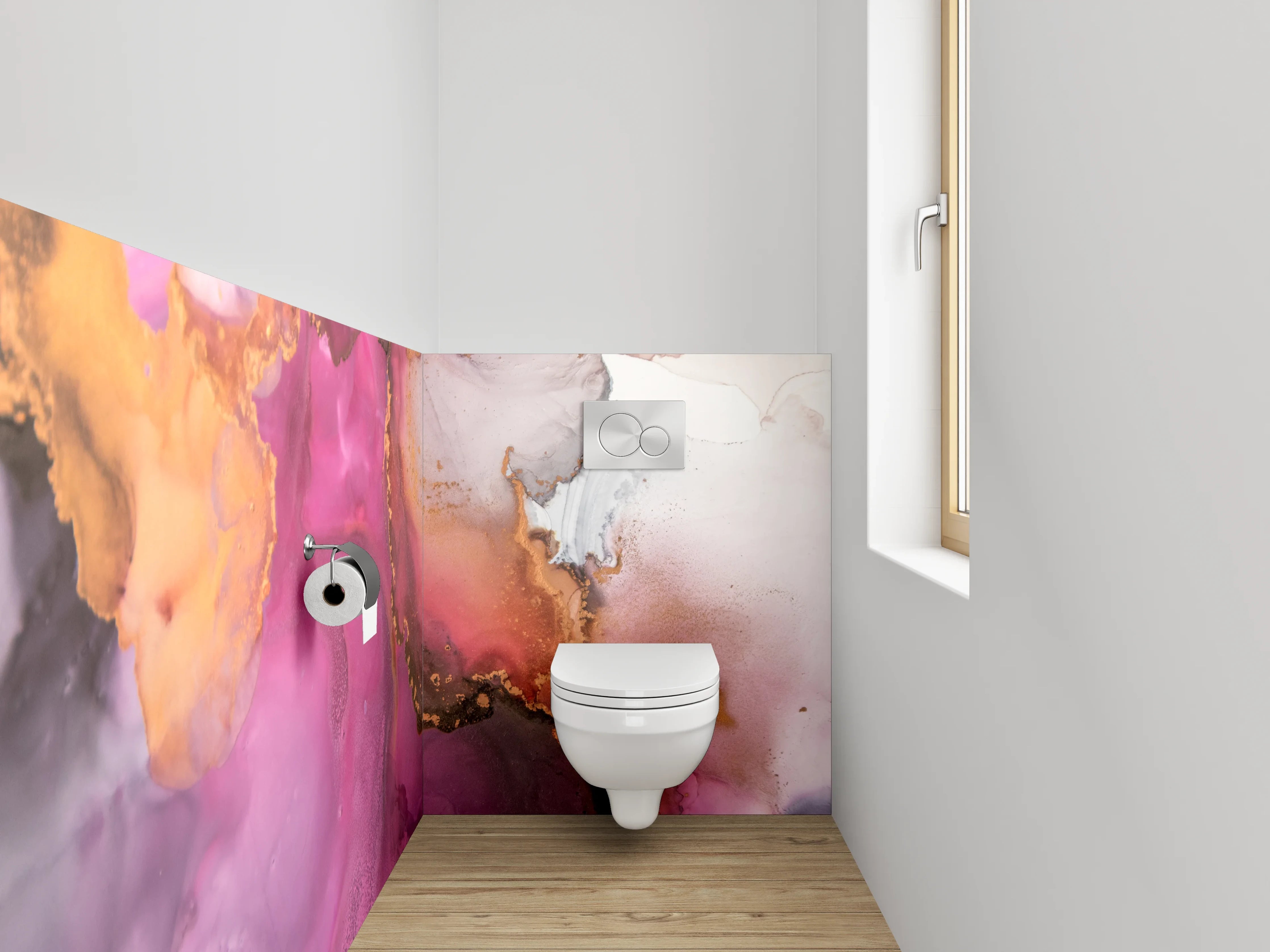 WC-Rückwand - Abstrakte Aquarell-Kunst in Pink und Gold