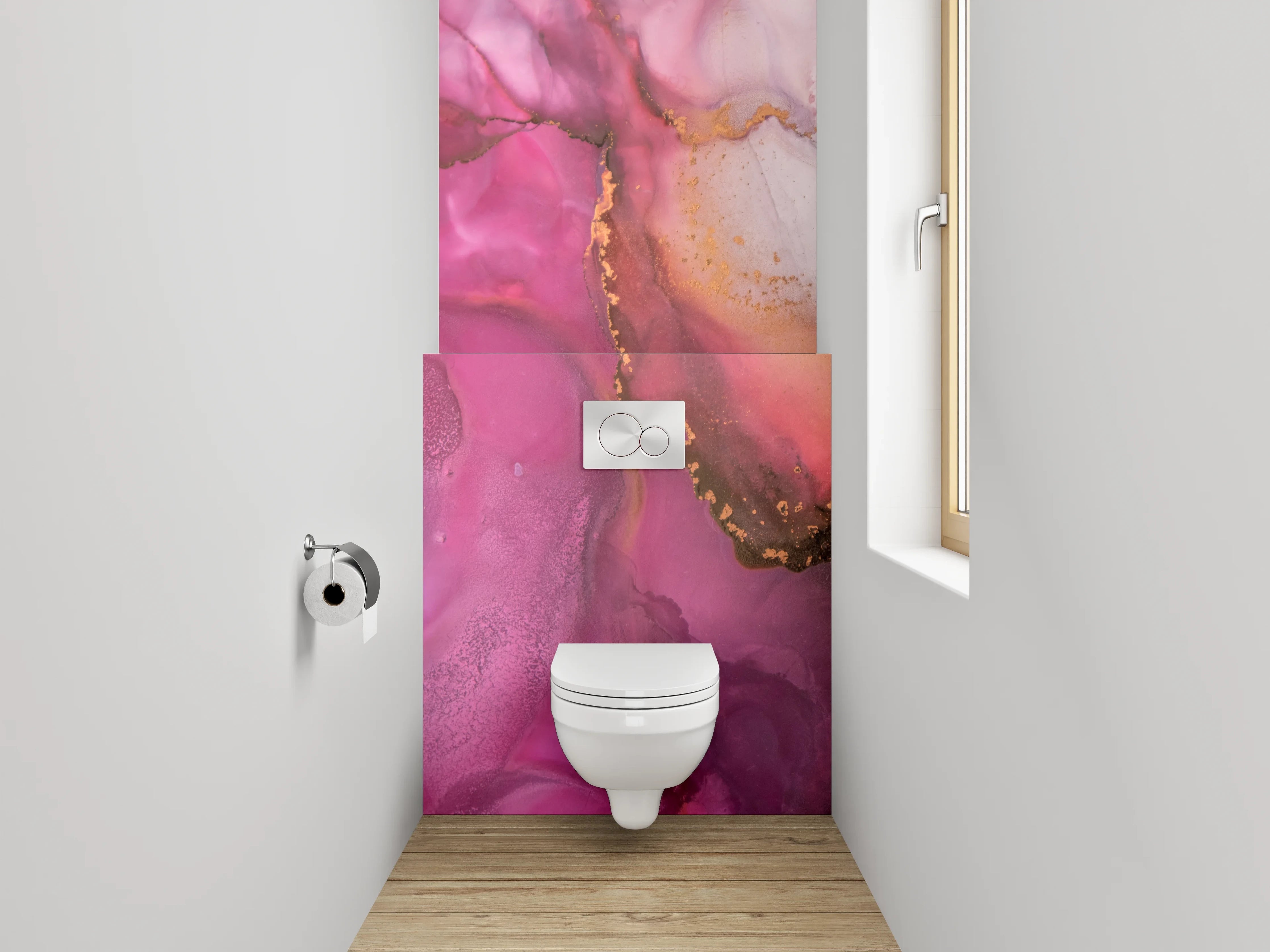 WC-Rückwand - Abstrakte Aquarell-Kunst in Pink und Gold