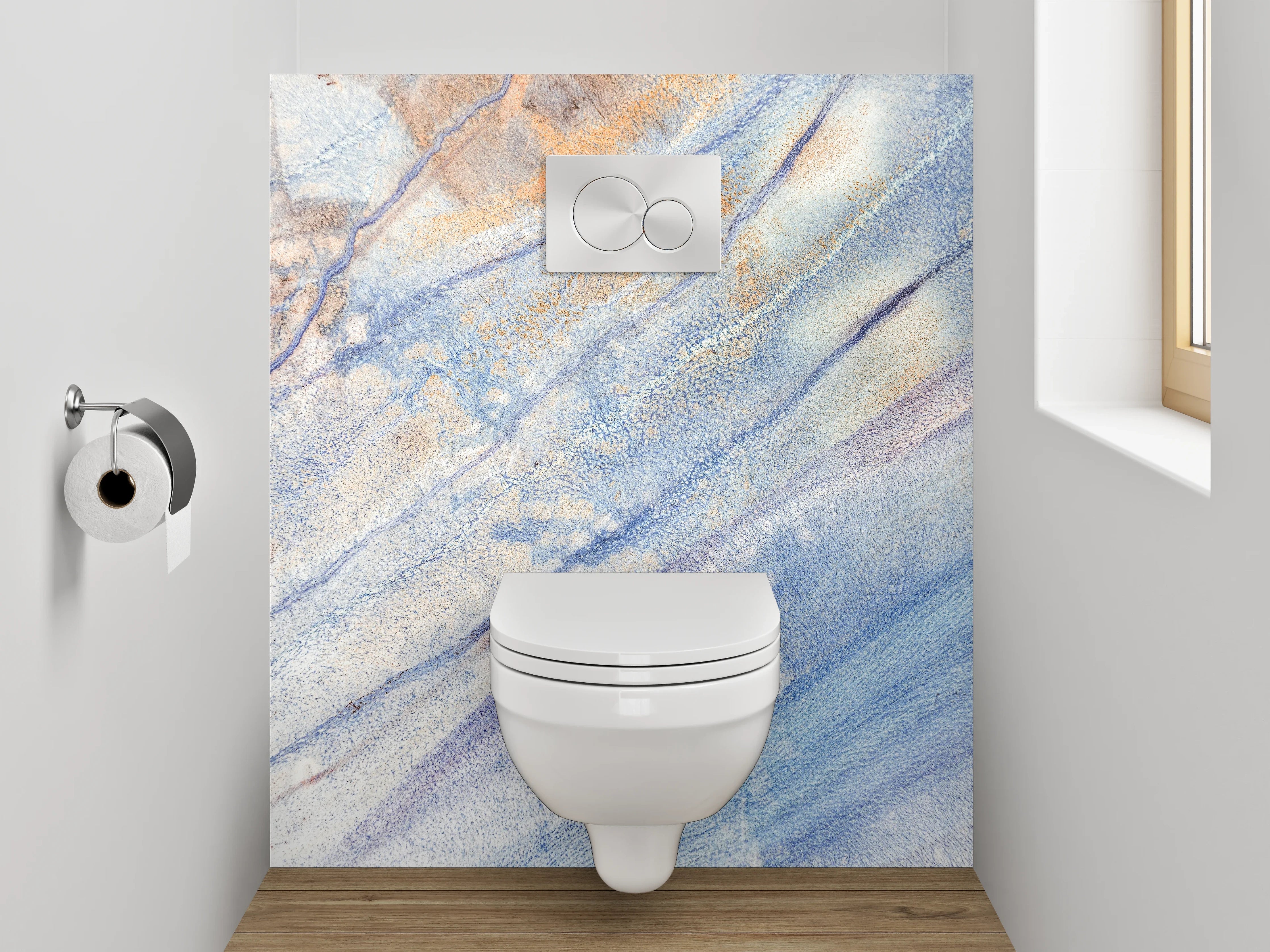 WC-Rückwand - Abstrakte Aquarell-Marmorierung in Blau und Orange