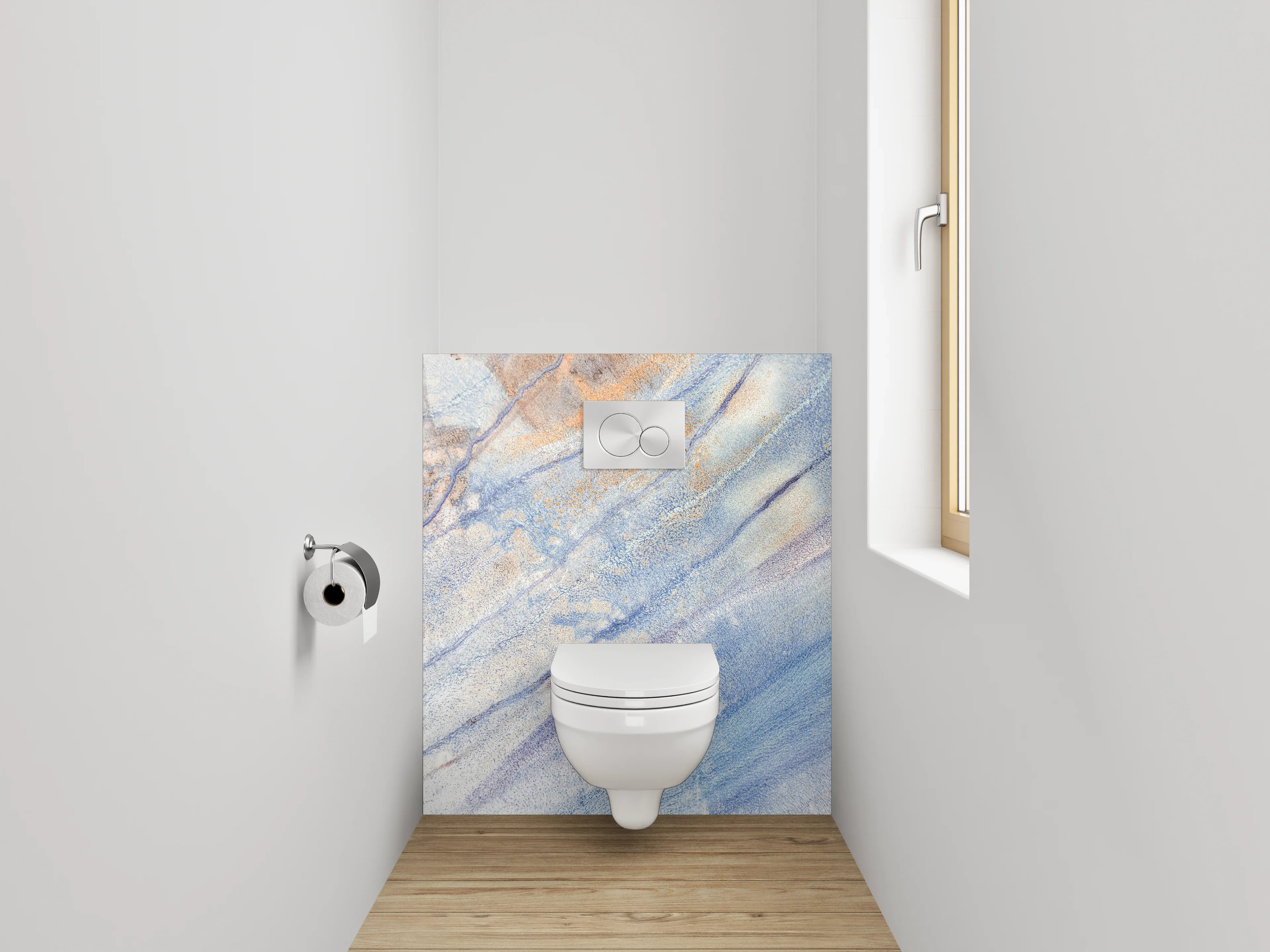 WC-Rückwand - Abstrakte Aquarell-Marmorierung in Blau und Orange