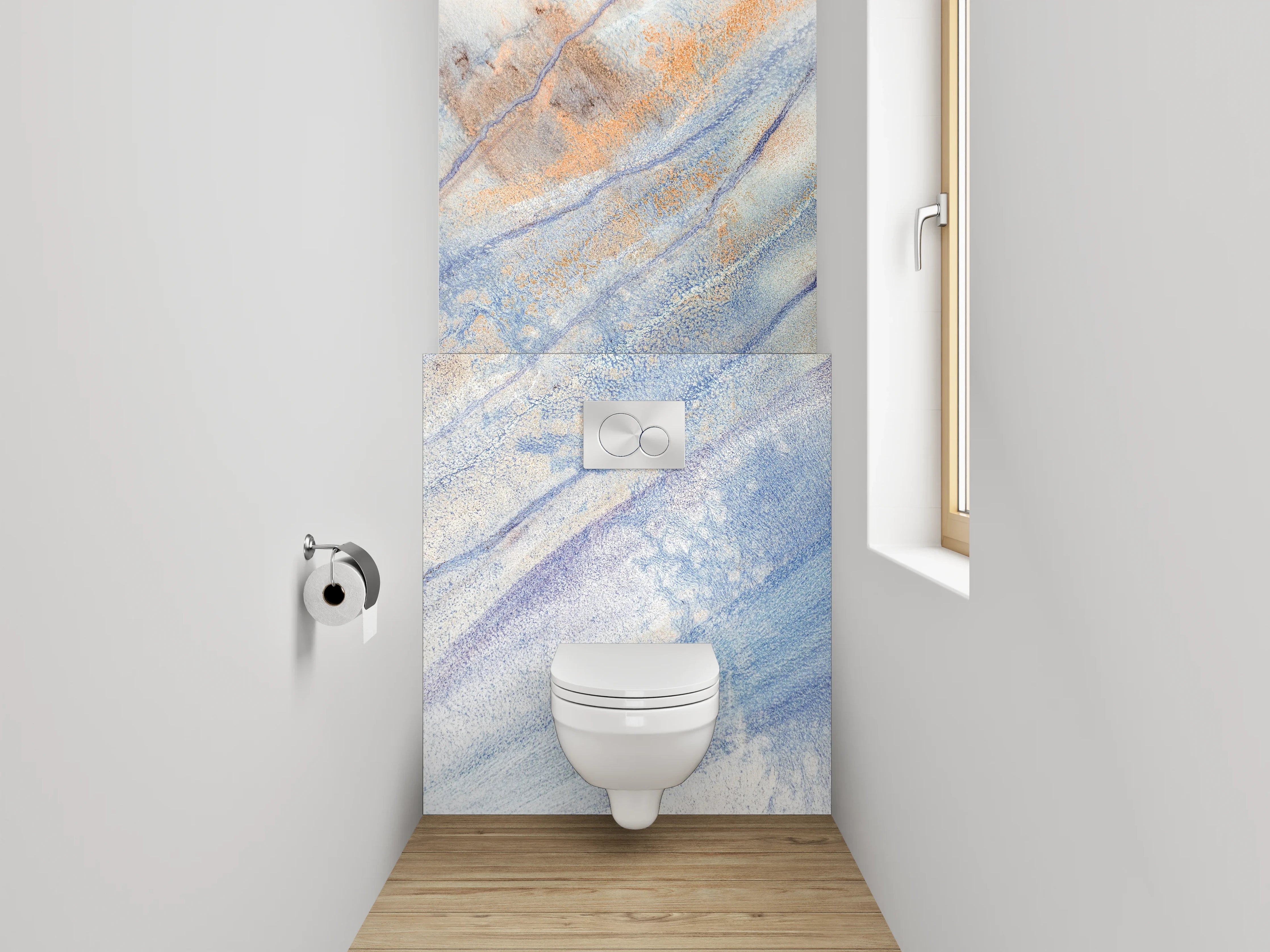 WC-Rückwand - Abstrakte Aquarell-Marmorierung in Blau und Orange