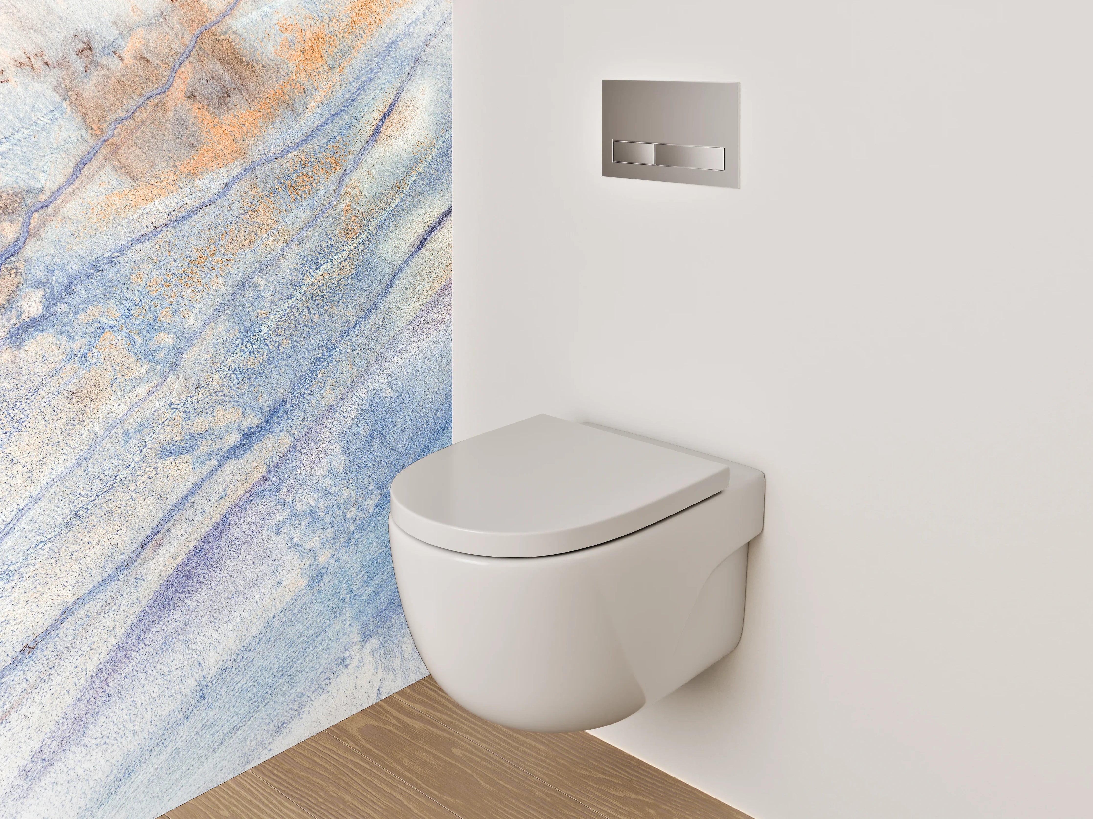 WC-Rückwand - Abstrakte Aquarell-Marmorierung in Blau und Orange