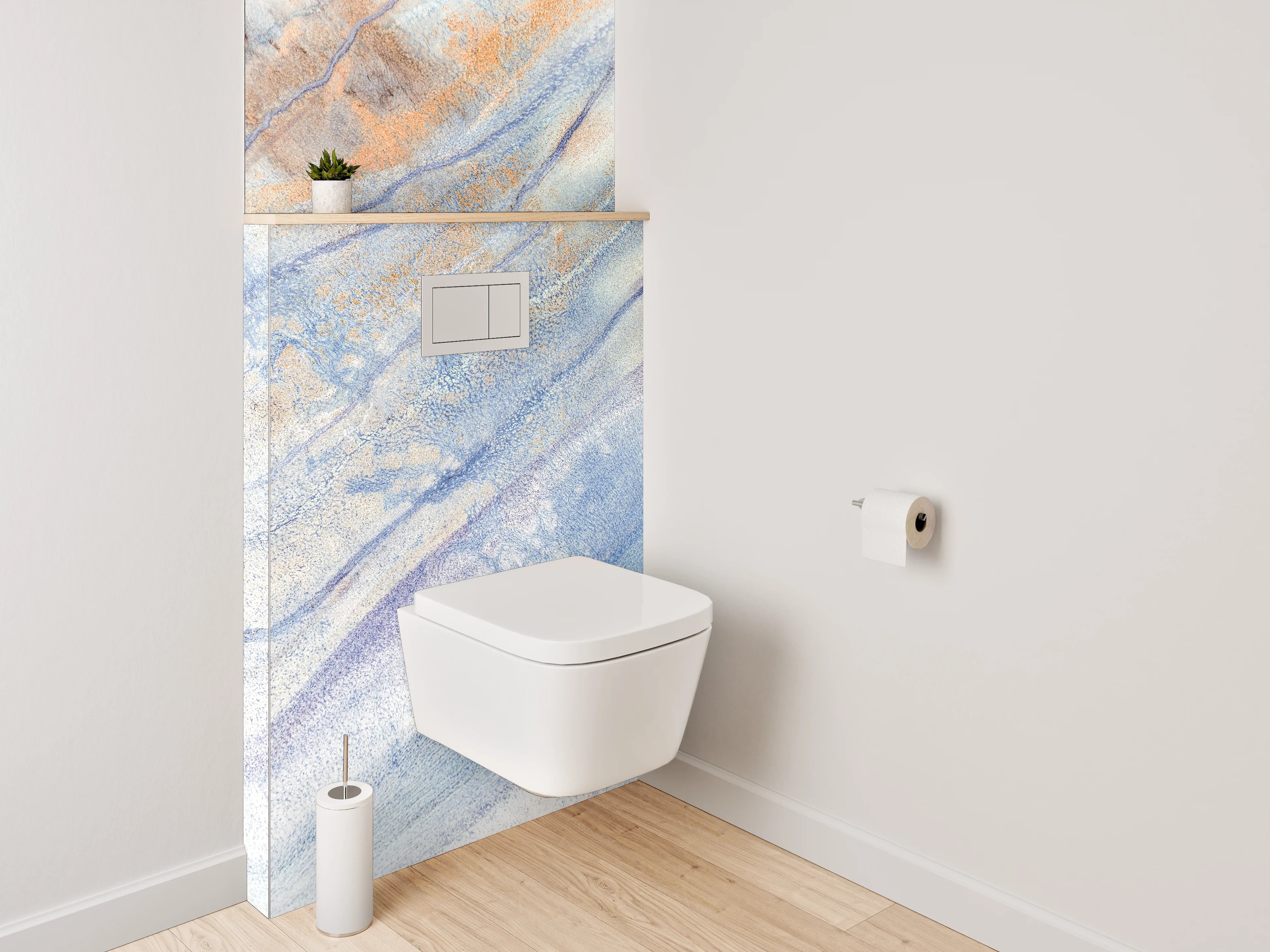 WC-Rückwand - Abstrakte Aquarell-Marmorierung in Blau und Orange