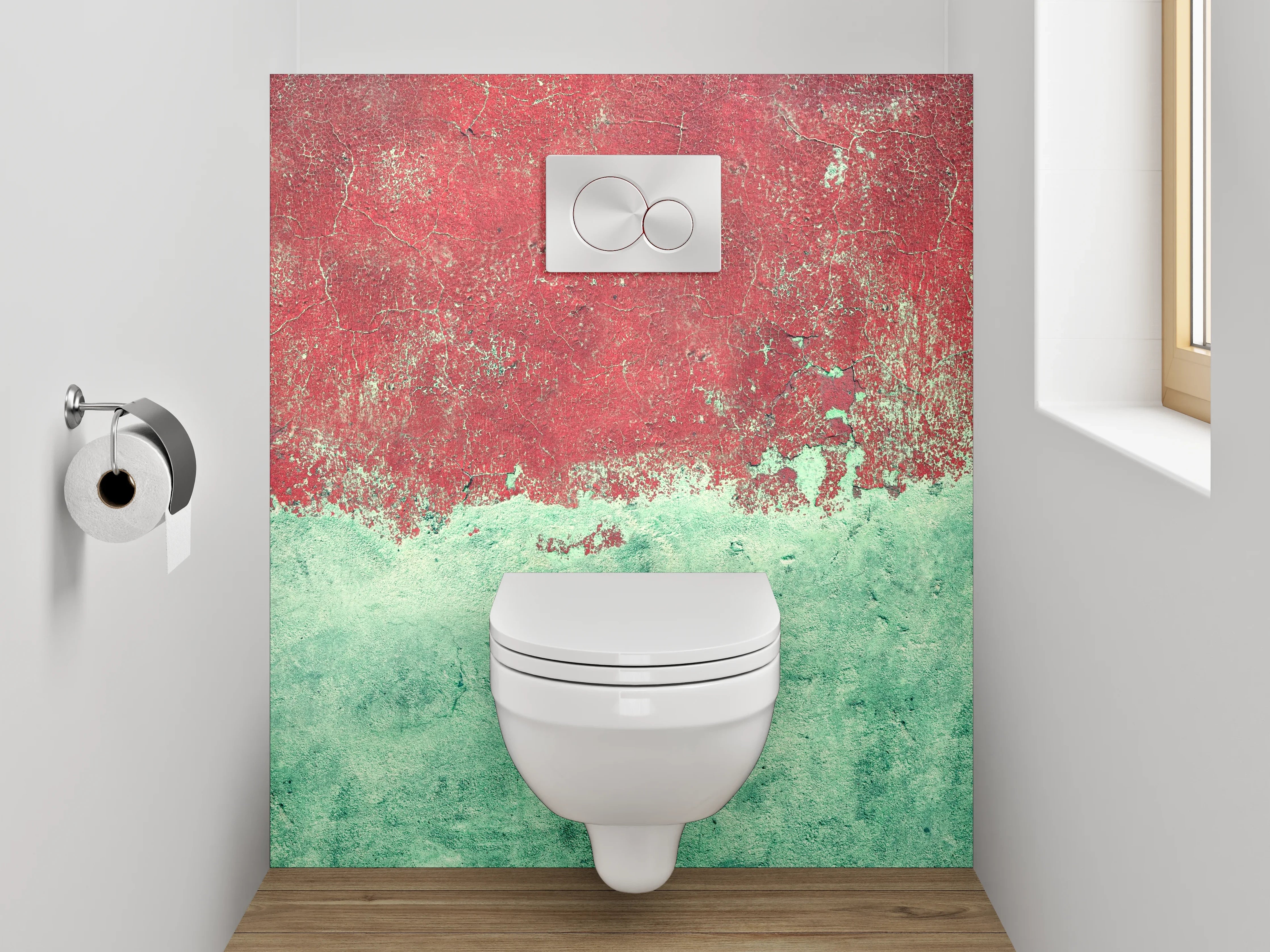 WC-Rückwand - Abstrakte Aquarell-Optik in Rot und Türkis